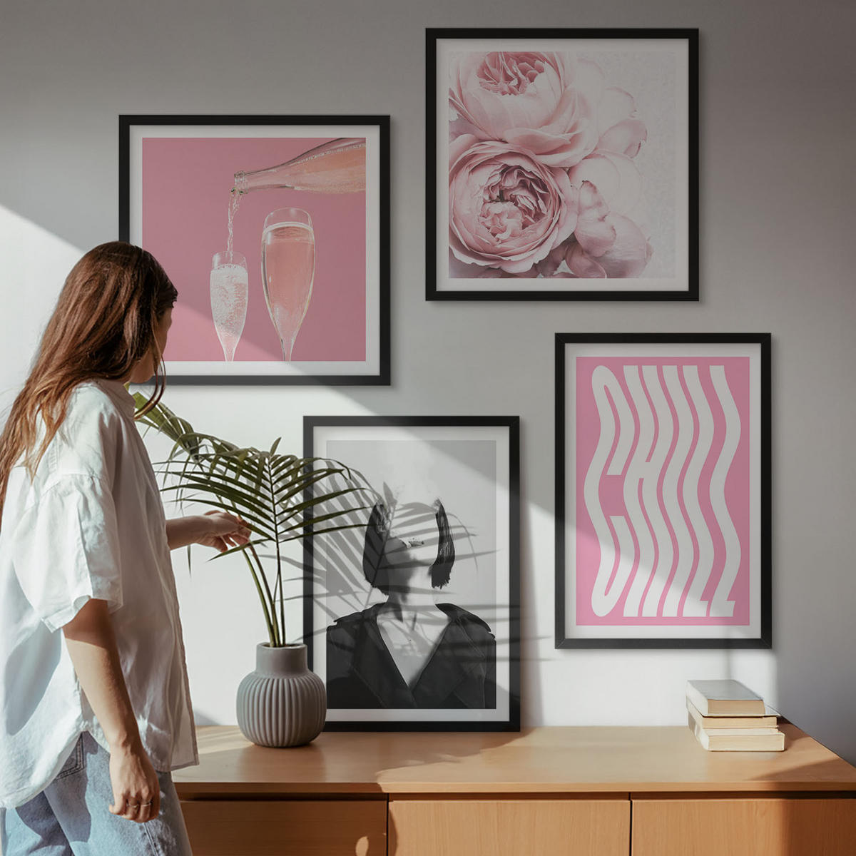 WANDBILDER 4er-Set - 50x50 cm & 40x60 cm Schwarzer Rahmen - Stilvolles Porträt mit Champagner - Schwarz, Kunststoff (50/50cm) - ArtPrintCave