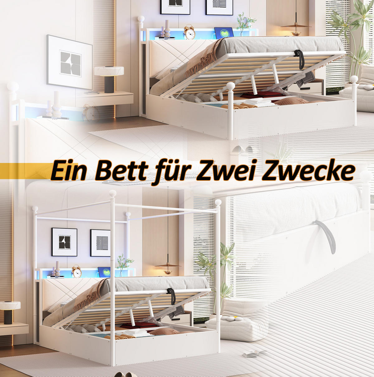 JUGENDBETT Himmelbett 140/190 cm aus Metall mit LED USB-C und Bettkasten Weiß - Weiß, Metall (140/190cm) - Modenvie