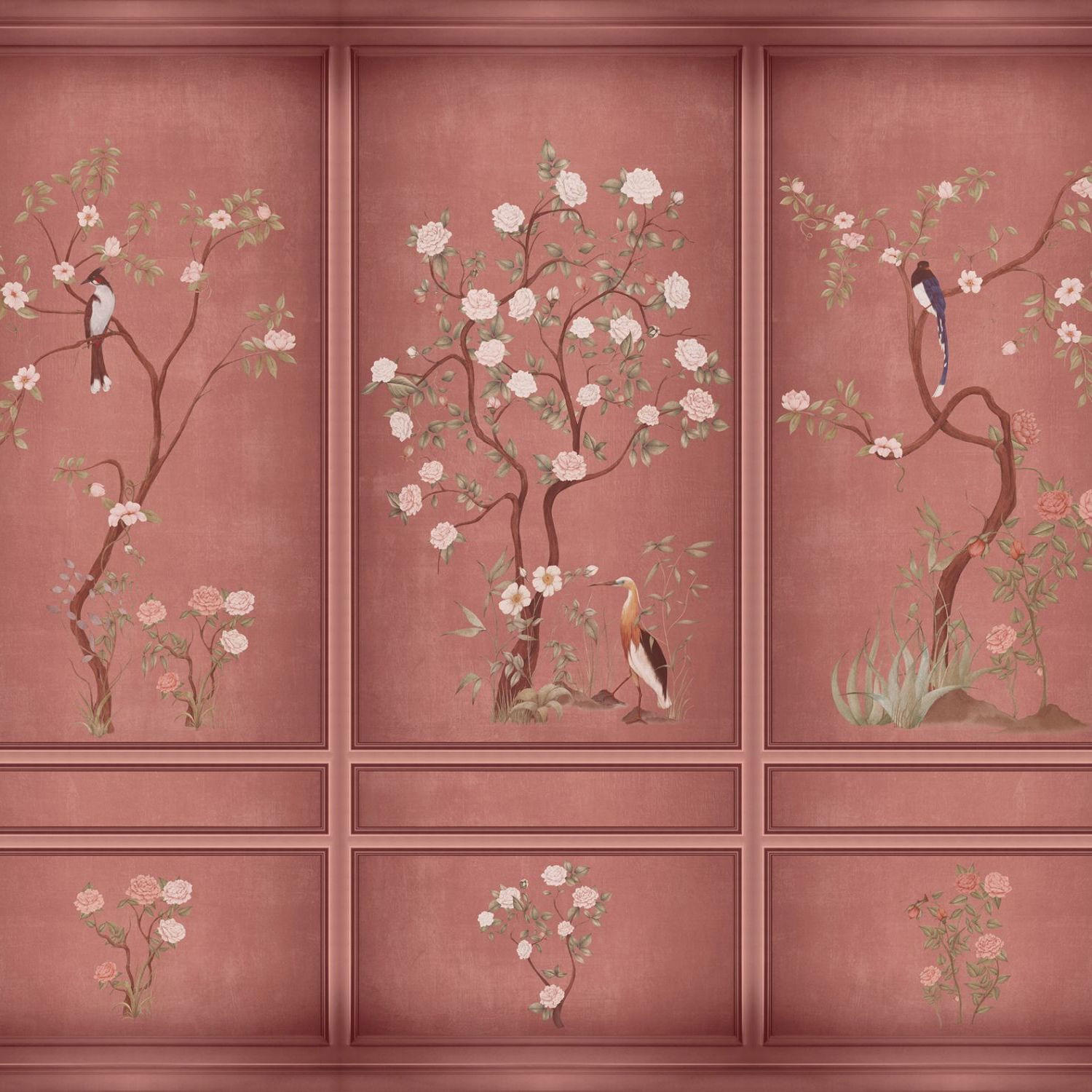 FOTOTAPETE Blumen und Vögel 318 x 280 cm - Pink, Papier (318/280cm) - Sanders & Sanders