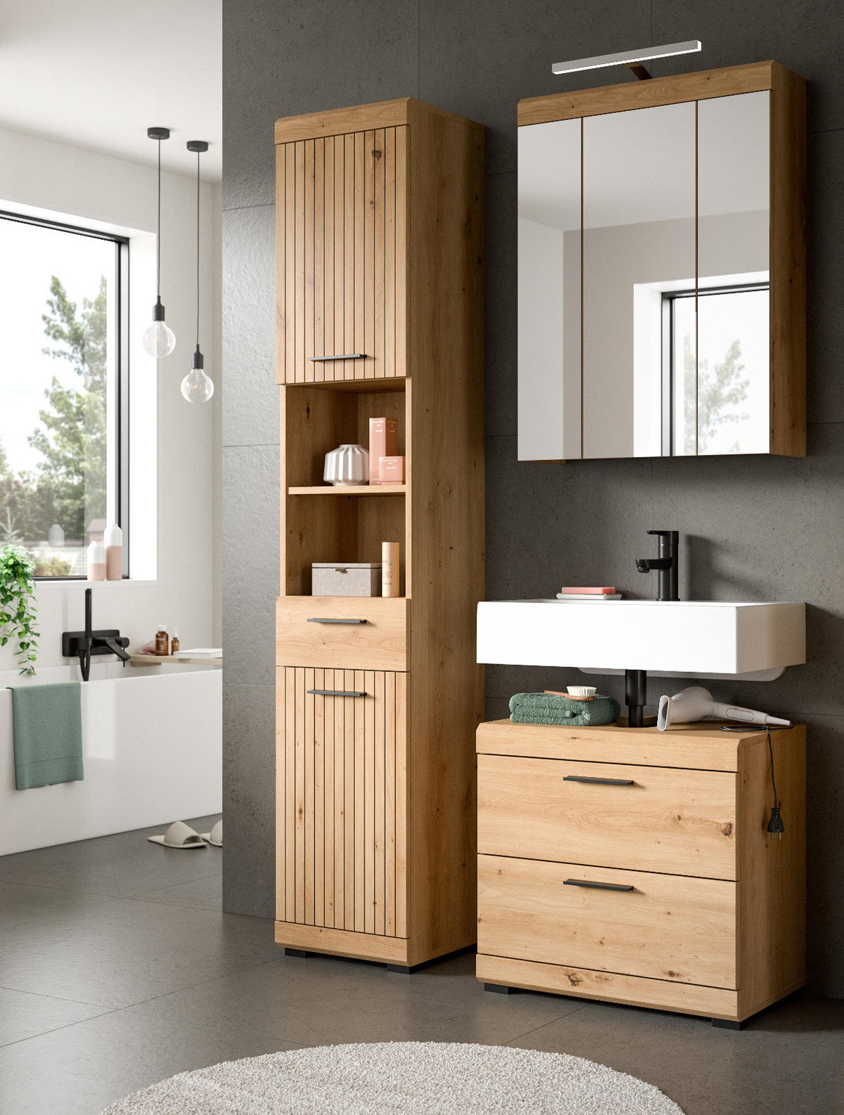 WASCHBECKENUNTERSCHRANK Eiche Artisan 60 cm, Badezimmer Unterschrank mit Schubkästen - Schwarz/Eiche Artisan, Holzwerkstoff/Kunststoff (60/56/34cm) - Inn.Furn