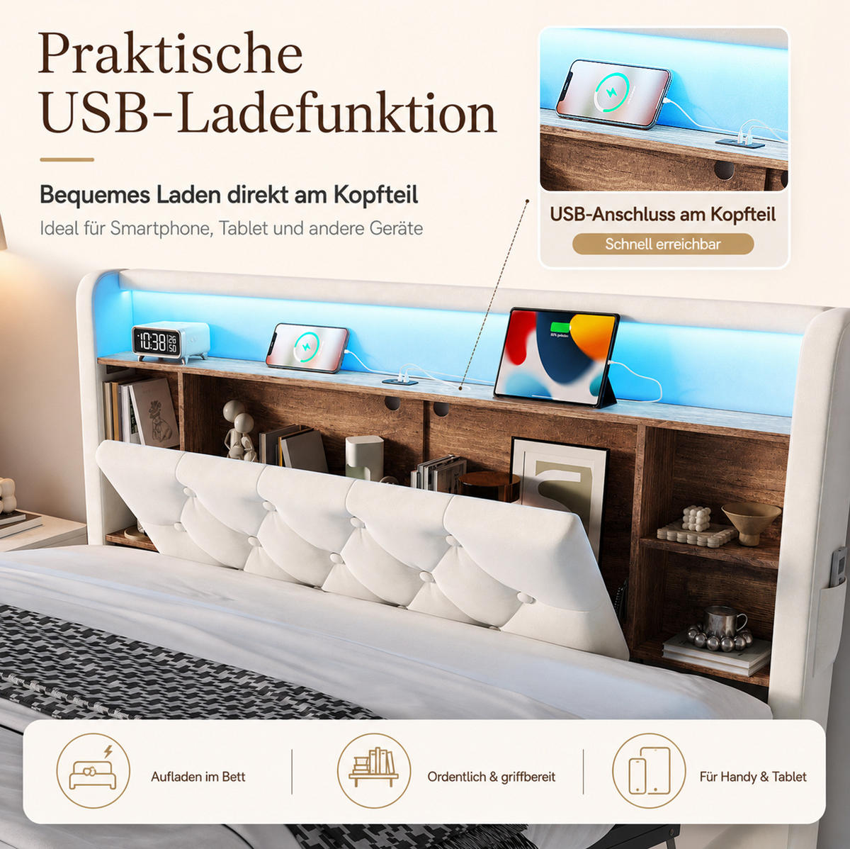 POLSTERBETT aus Samt 140x200 cm Beige mit Bettkasten, LED-Beleuchtung und USB-/Type-C-Anschlüssen - Beige, Textil (140/200cm) - Modfu