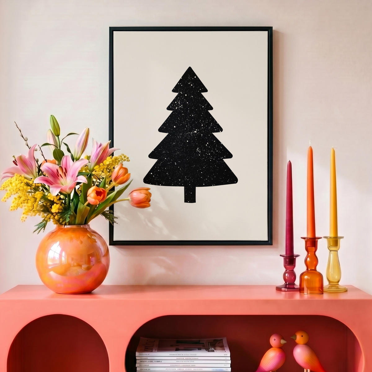 LEINWAND Bilder mit Rahmen - Weihnachtsbaum - Schwarz - Urlaub - Beige - 30x40 - Schwarz, Textil (30/40cm) - MuchoWow
