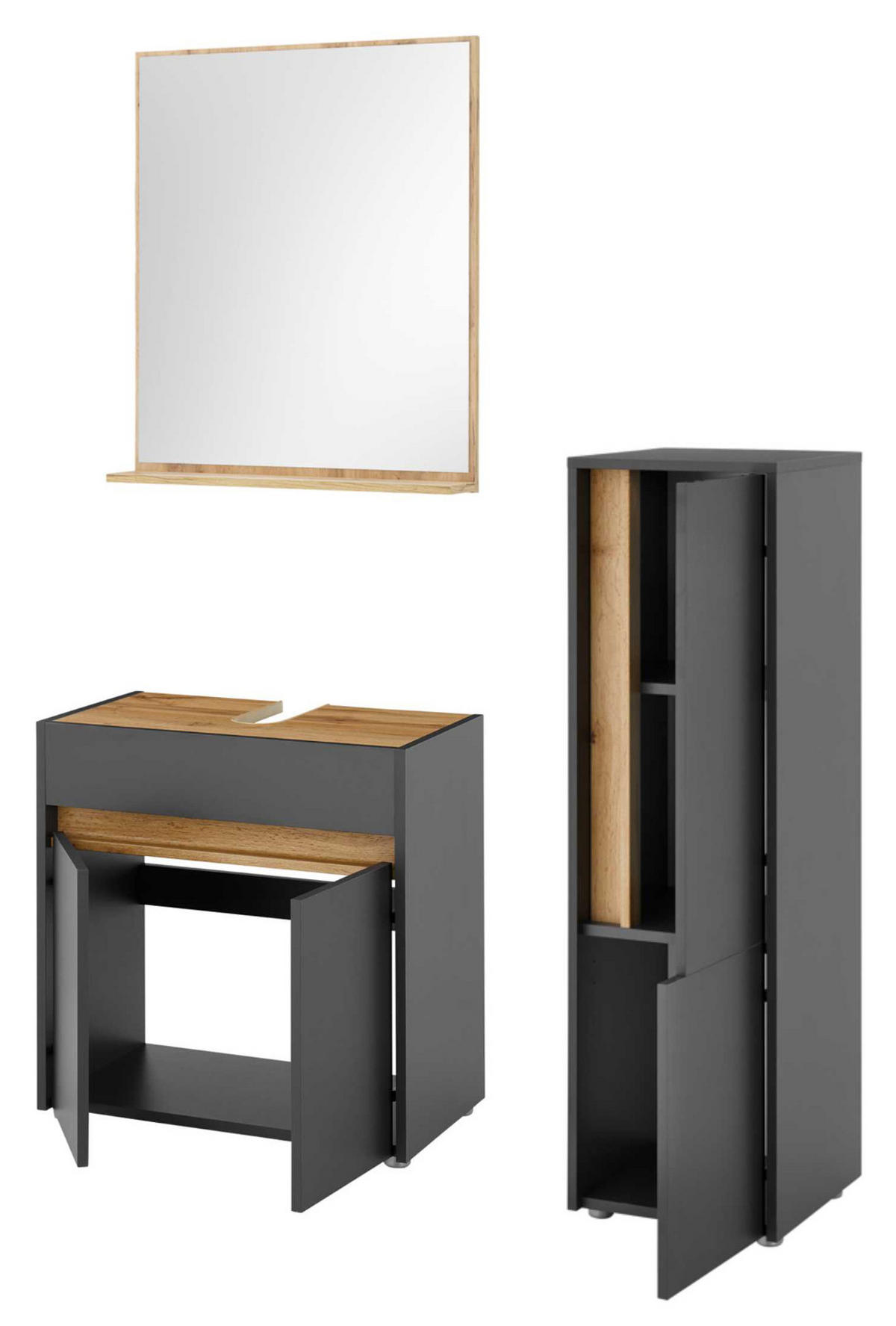 BADMÖBEL-SET 3-teilig grau matt, Wotan Eiche, Badkombination 114 cm - Eiche Wotan/Schwarz, Glas/Holzwerkstoff (116/200/34cm) - Furn.Design