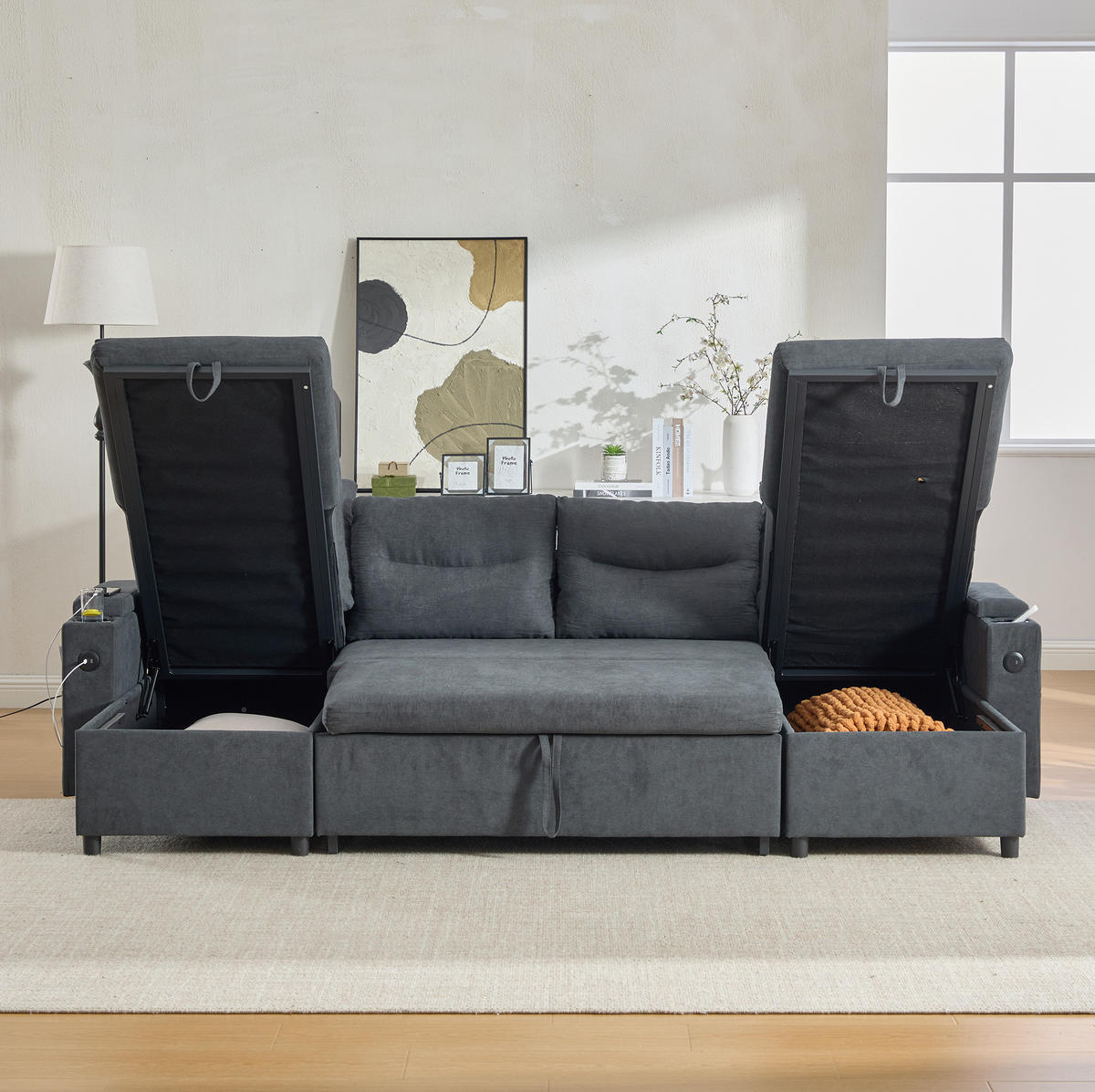 WOHNLANDSCHAFT Leinenstoff mit 2 Chaiselongues Stauraum und USB-Anschluss 272/136/86 cm Dunkelgrau - Dunkelgrau, Textil (136/86/272cm) - Redom