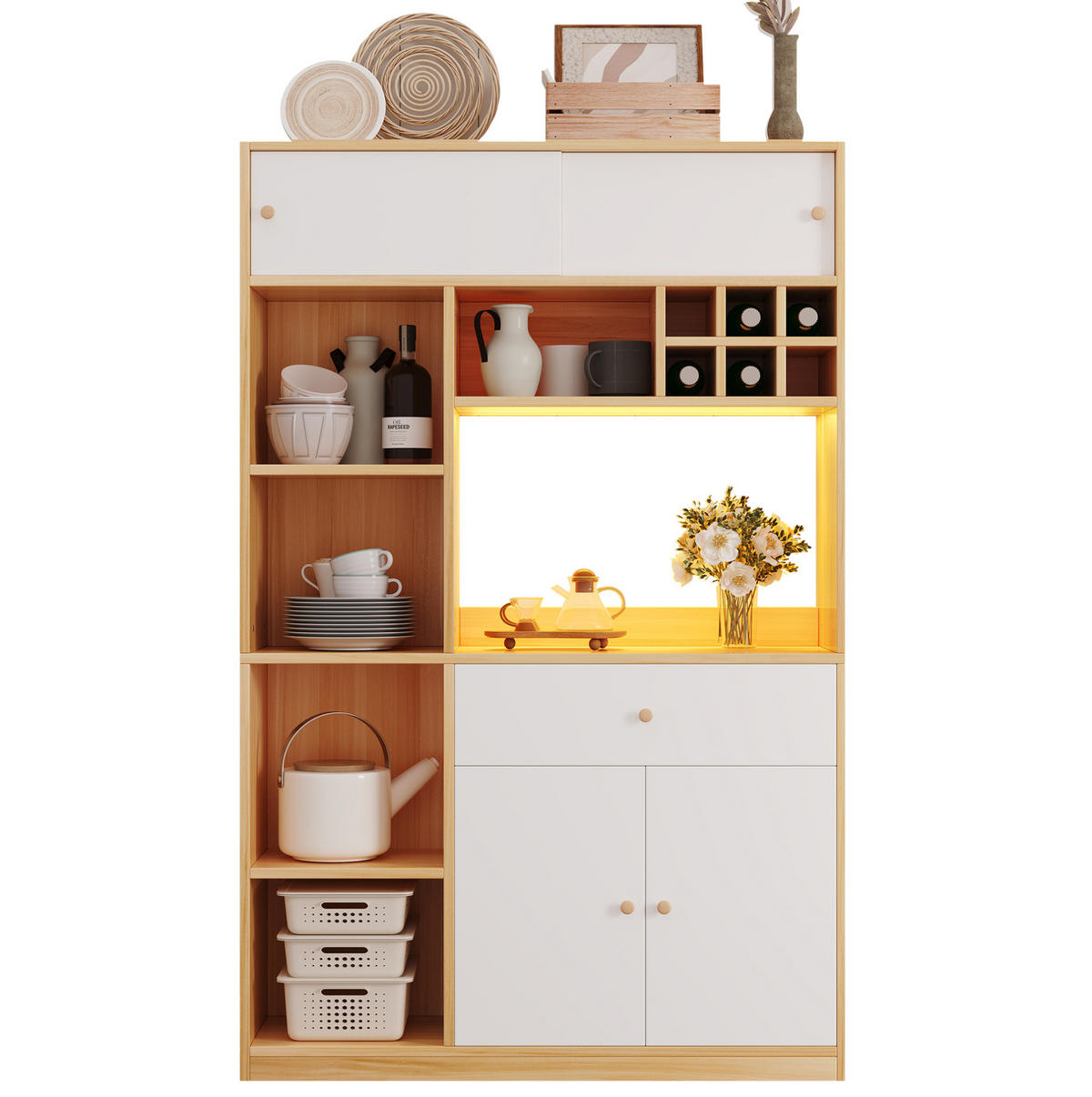 KUHINJSKI ormar od iverice 115x35x180 cm bijela i prirodna s LED rasvjetom, ladicom, trojim vratima i otvorenim policama - bijela, drvni materijal (115/180/35cm) - Modfu