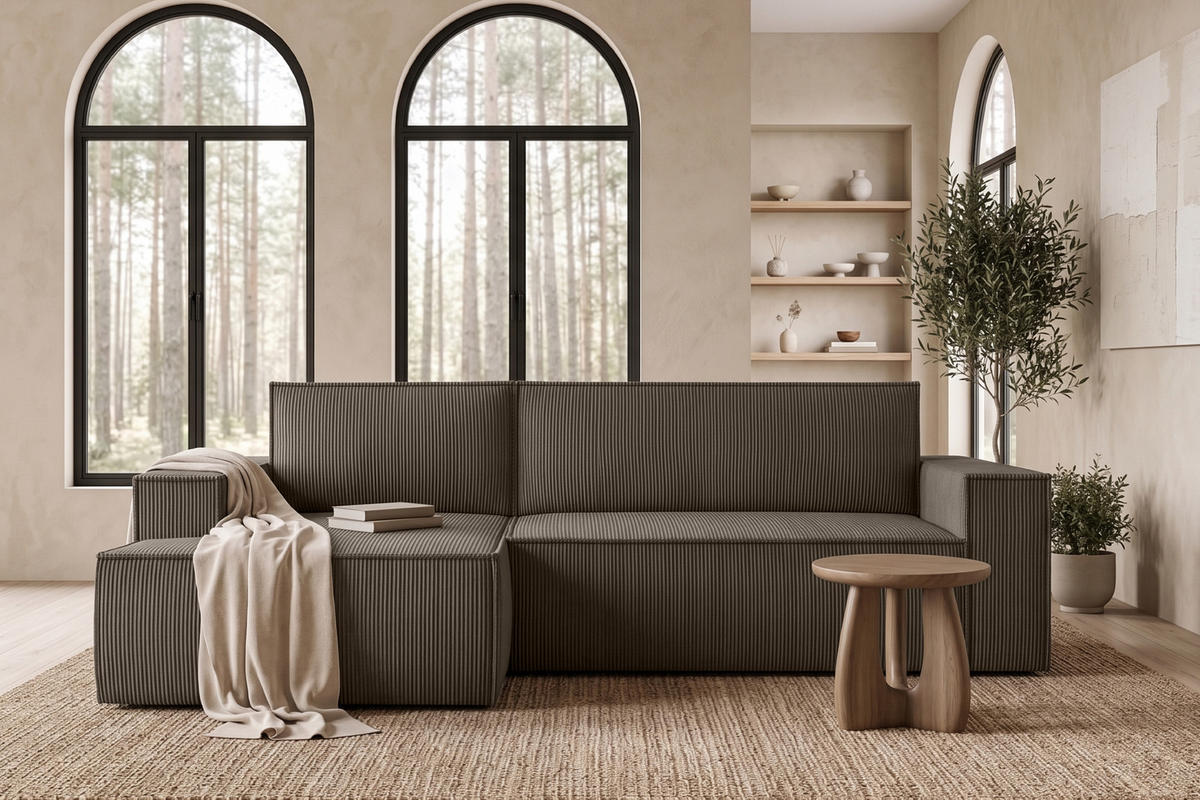 ECKSCHLAFSOFA-LINKS NAPI in Pet Friendly Cord-Stoff, braun - Schwarz/Braun, Textil (262/148cm) - KONSIMO®