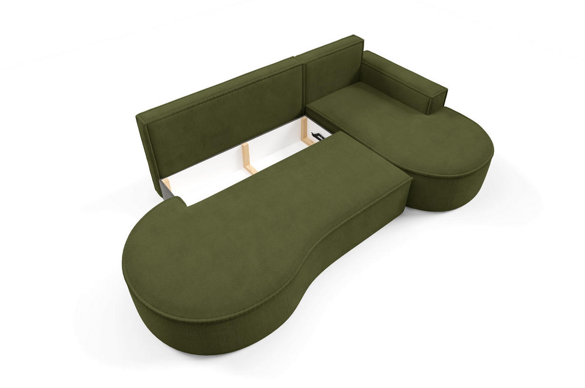 ECKSOFA MOLLY mit Schlaffunktion – Halbrund, freistehend, Liegefläche 140x207 cm, 3 Kissen, Curio-Stoff, 277x157x88 cm, Rechts, Grün - Olivgrün, Holz/Textil (277/157cm) - DomoHome