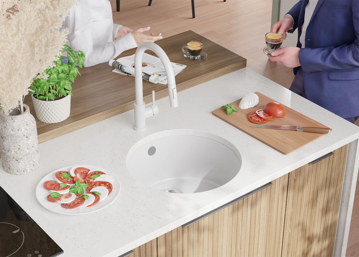 UNTERBAUSPÜLE GRANIT Valletta, 2-er set Alles Weiß 46/46 cm 1 Becken + Küchenarmatur 32/20 cm + Ablauf-Set ab 50er Unterschrank - Weiß, Kunststoff (46/20/46cm) - Primagran