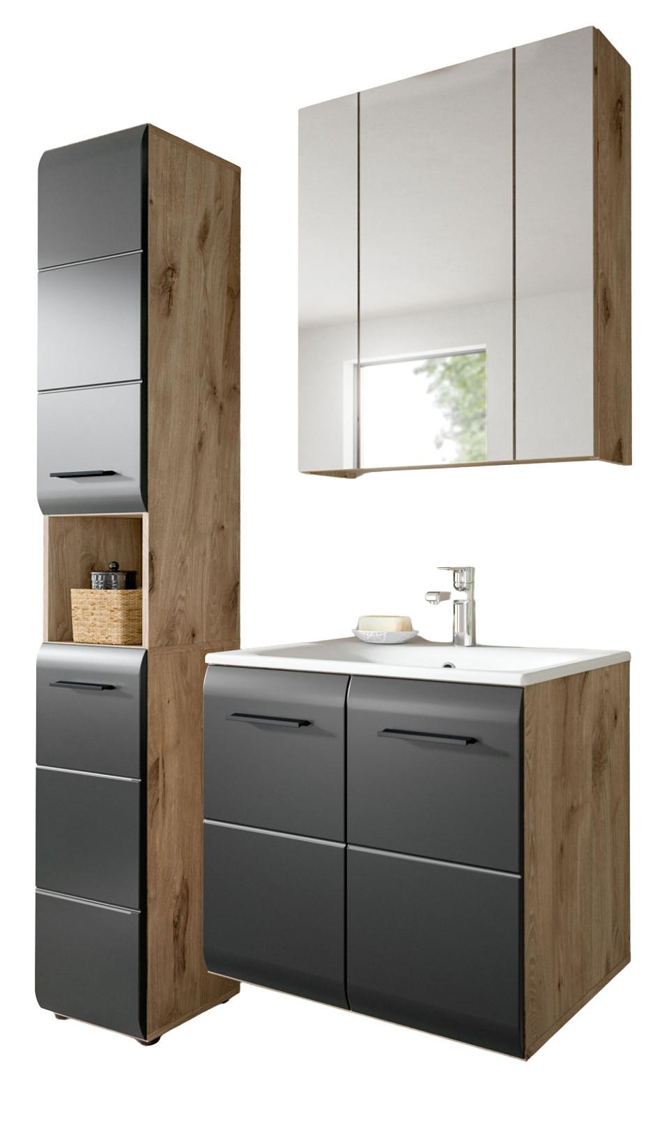 BADMÖBEL-SET 3-teilig Schwarz matt, Eiche Nox, Badezimmer Komplett-Set mit Waschbecken, 105 x 185 cm - Eichefarben/Schwarz, Glas/Keramik (105/185/46cm) - Inn.Furn