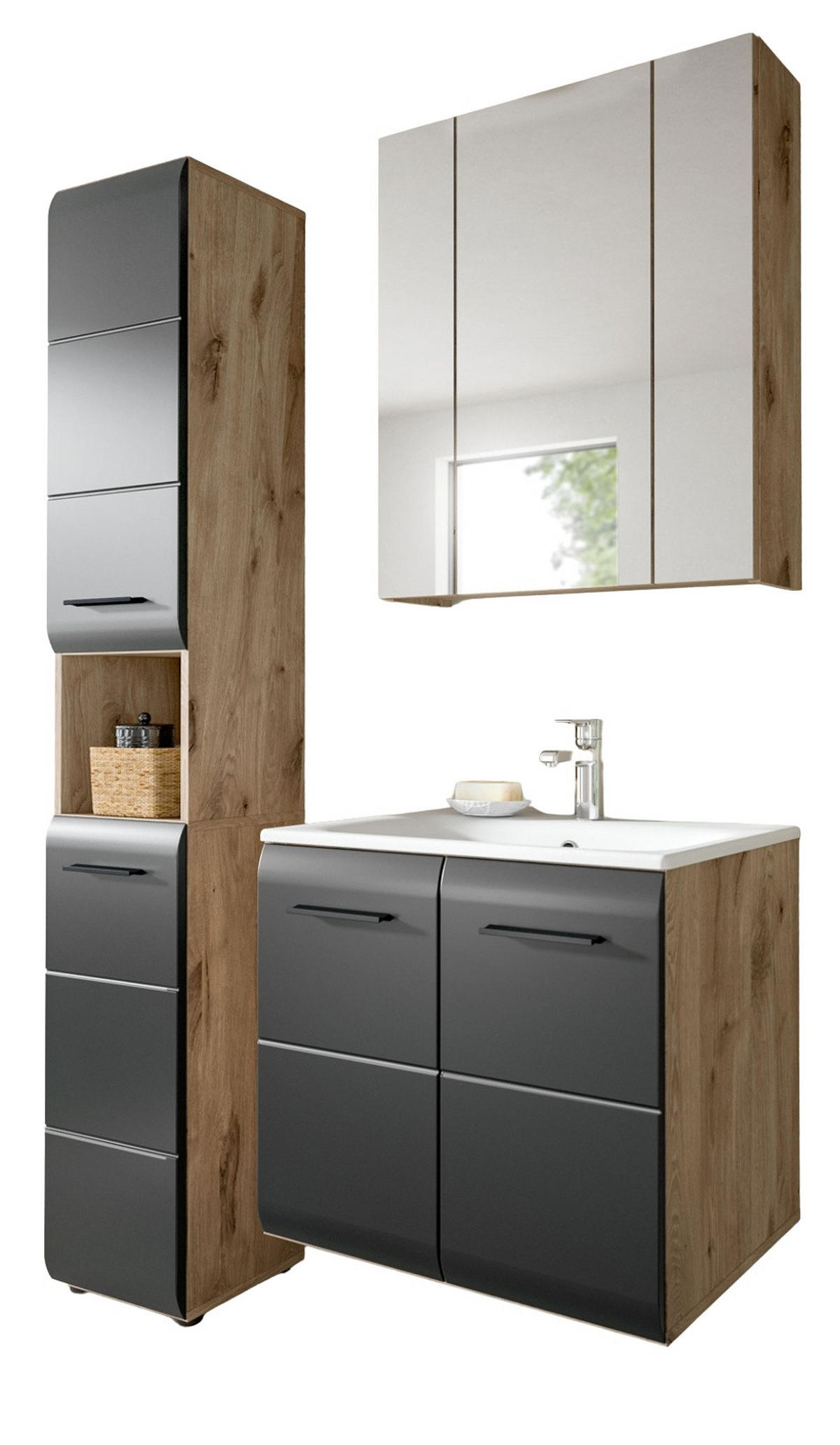 BADMÖBEL-SET 3-teilig Schwarz matt, Eiche Nox, Badezimmer Komplett-Set mit Waschbecken, 105 x 185 cm - Eichefarben/Schwarz, Glas/Keramik (105/185/46cm) - Inn.Furn