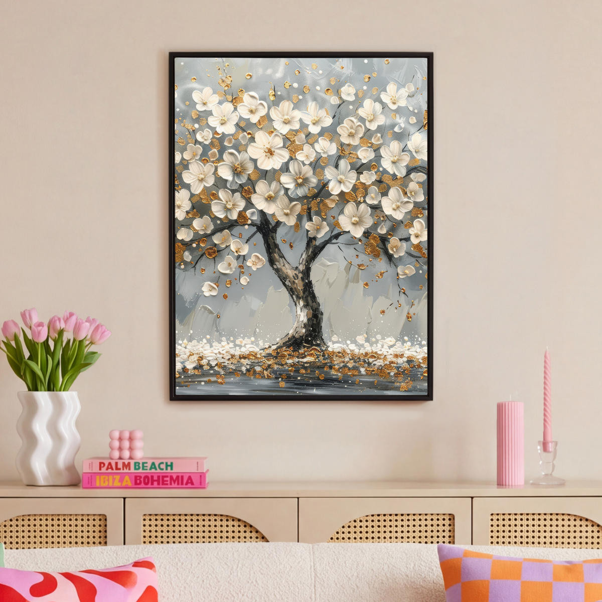 LEINWAND Bilder mit Rahmen - Baum - Blumen - Weiß - Natur - Kunst - 70x100 - Weiß, Textil (70/100cm) - MuchoWow