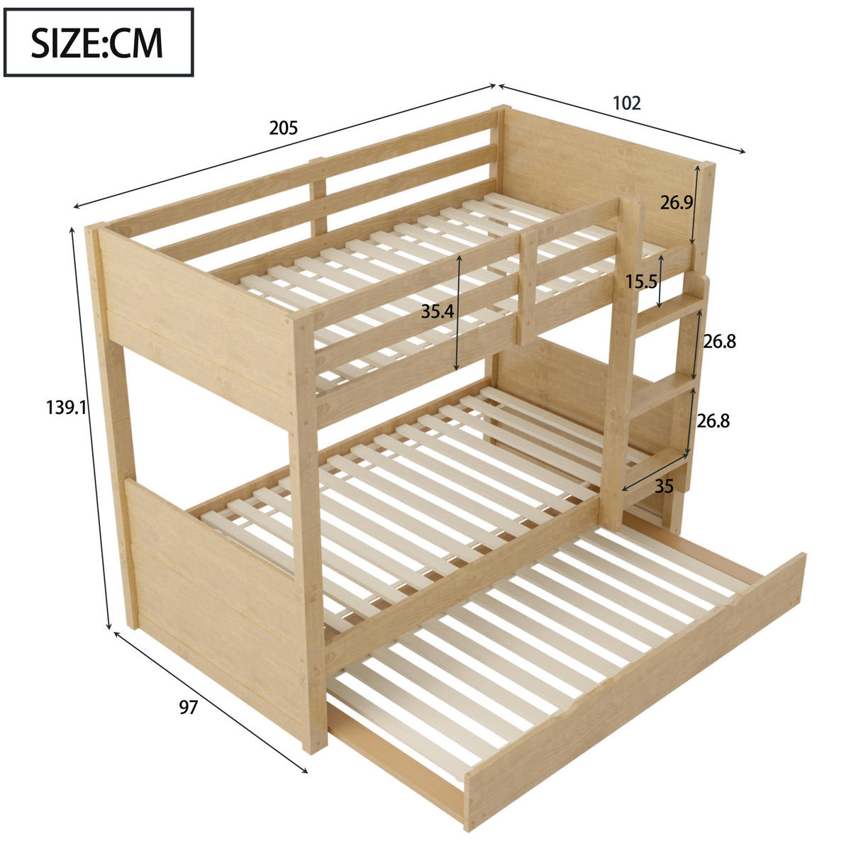 ETAGENBETT mit Ausziehbett 90x200 cm Holz 3-in-1 - Birnbaumfarben, Holz (90/200cm) - Meubliv