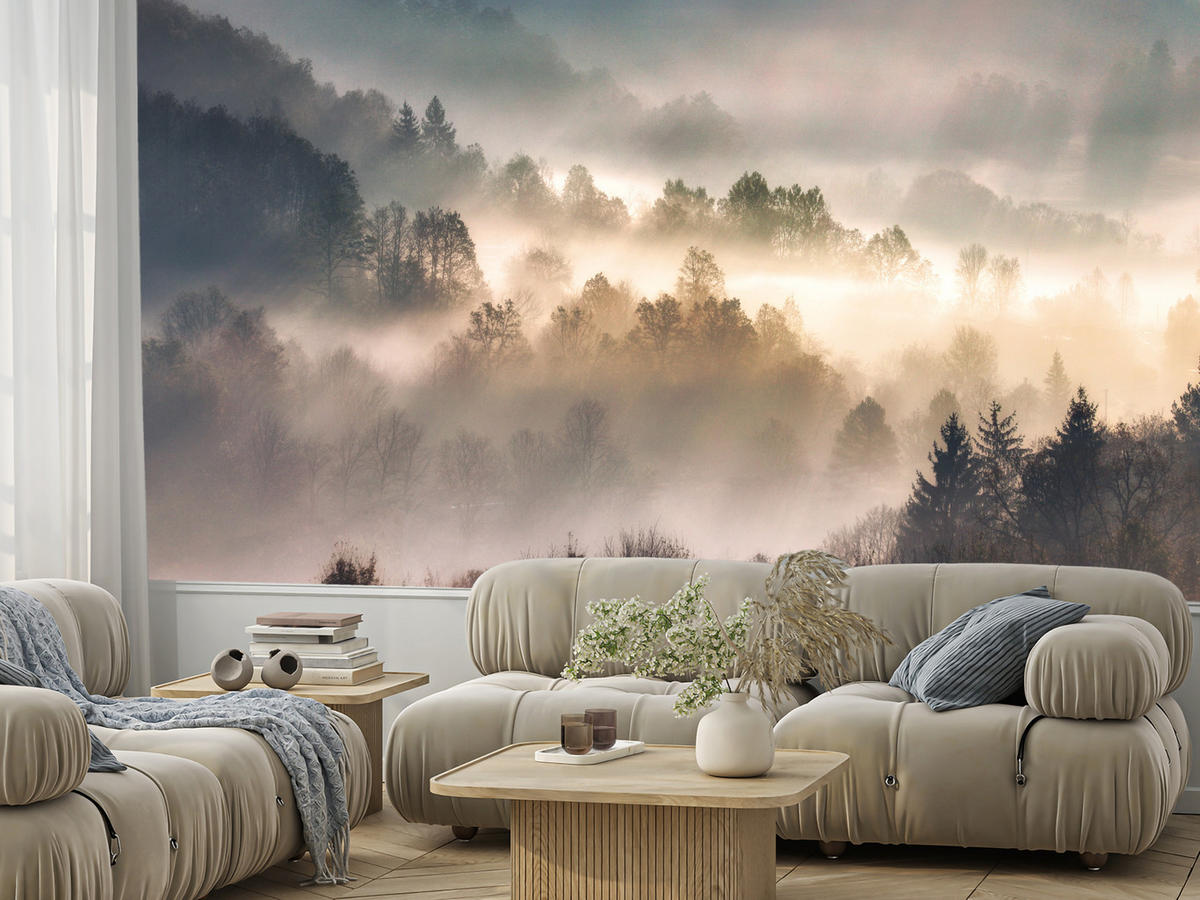 FOTOTAPETE für Wohnzimmer Natur Nebeliger Wald Sonnenaufgang Gebirge 500x350 - Gelb/Creme, Papier (500/350cm) - Muralo