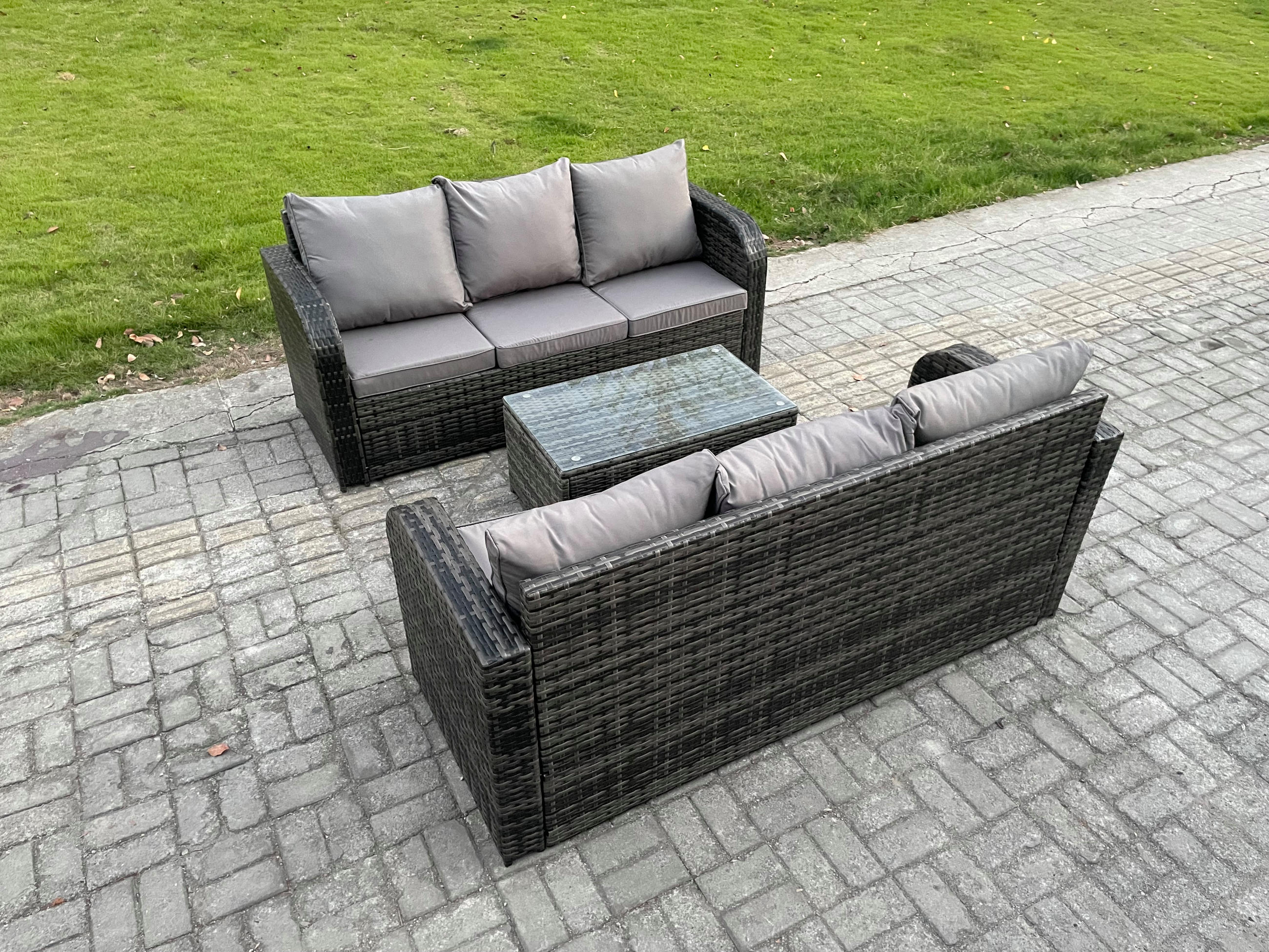 GARTENMÖBEL-SET mit Kissen Polyrattan Dunkelgrau 6-Sitzer - Dunkelgrau/Grau, Glas/Kunststoff - Fimous