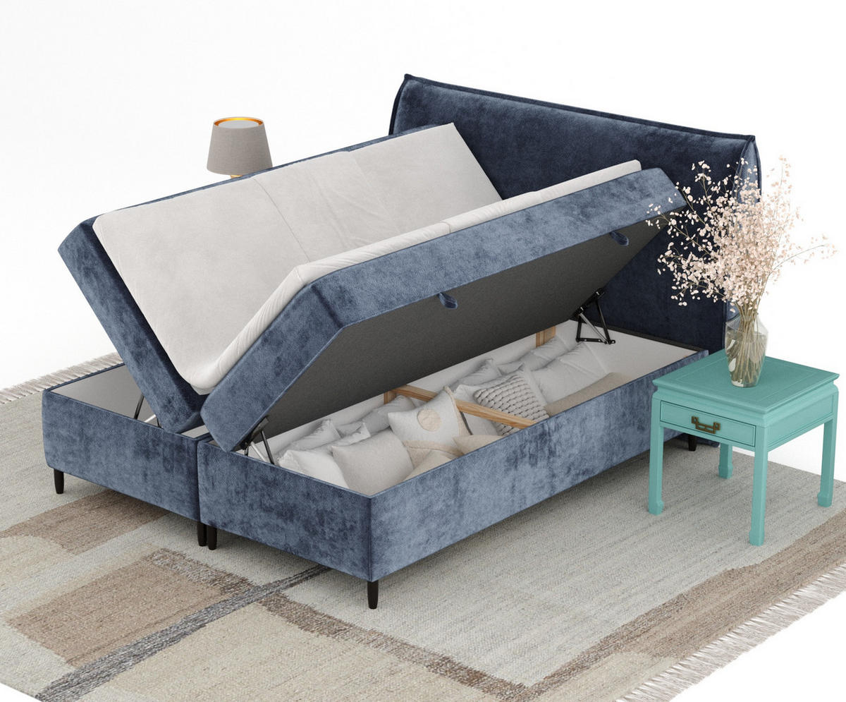 BOXBETT 160/200 cm Corvus, in Dunkelblau, Matratze, Topper, Bettkasten, H2 = mittel - Schwarz/Dunkelblau, Holz/Holzwerkstoff (160/200cm) - Maison de Reve