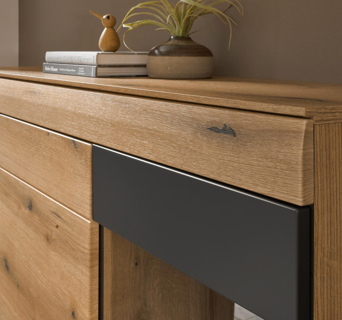 HIGHBOARD in Eiche, grau 140 x 141 cm, Vitrine mit Soft-Close - Kaschmir/Eichefarben, Glas/Holzwerkstoff (140/141/35cm) - Furn.Design