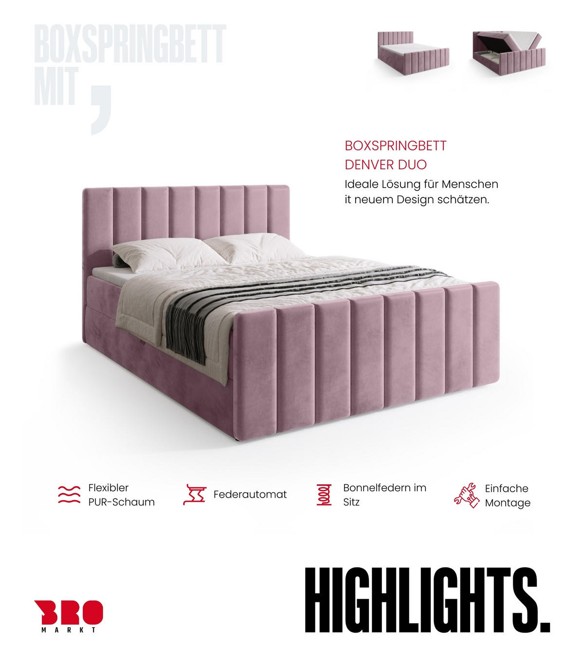 BOXSPRINGBETT Denver DUO mit Topper 160x200 Puderrosa - Rosa, Textil (160/200cm) - Bromarkt
