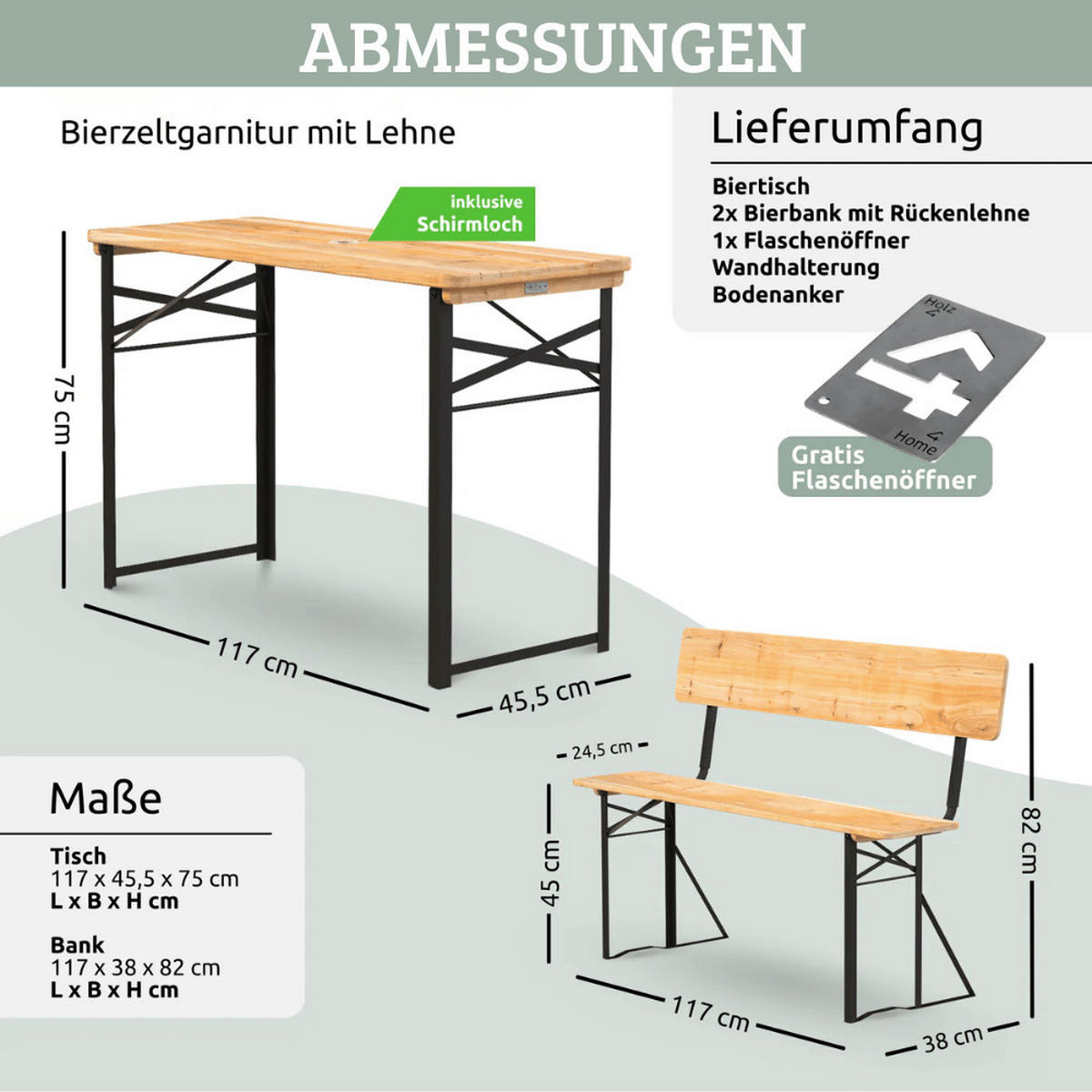 BIERZELTGARNITUR mit Lehne 120cm RINHO Bierbank Biertisch - Braun, Holz - DELUKE