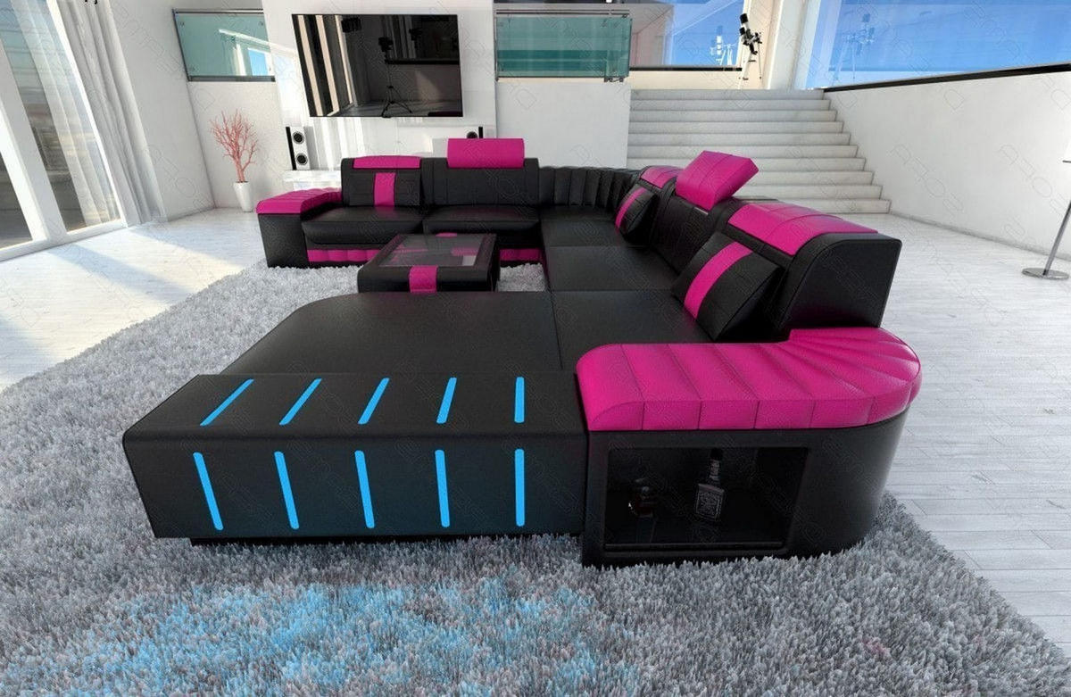 WOHNLANDSCHAFT Bellagio Schwarz Pink Büffelleder - Schwarz, Leder (362/80/287cm)