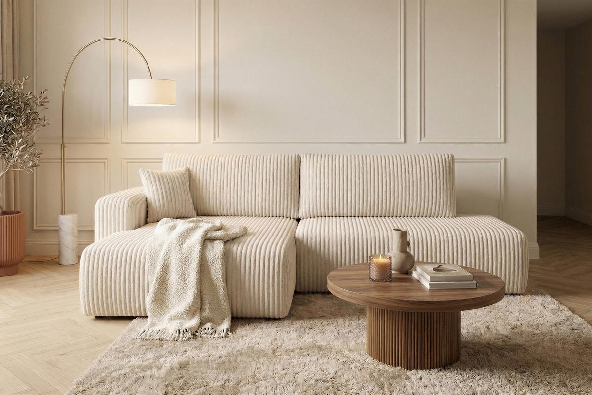 ECKSOFA Mit Schlaffunktion Und Bettkasten, Cordstoff Tilia, Ecru, Links, OPEN XL - Ecru, Holz (262/145cm) - Kaiser Möbel
