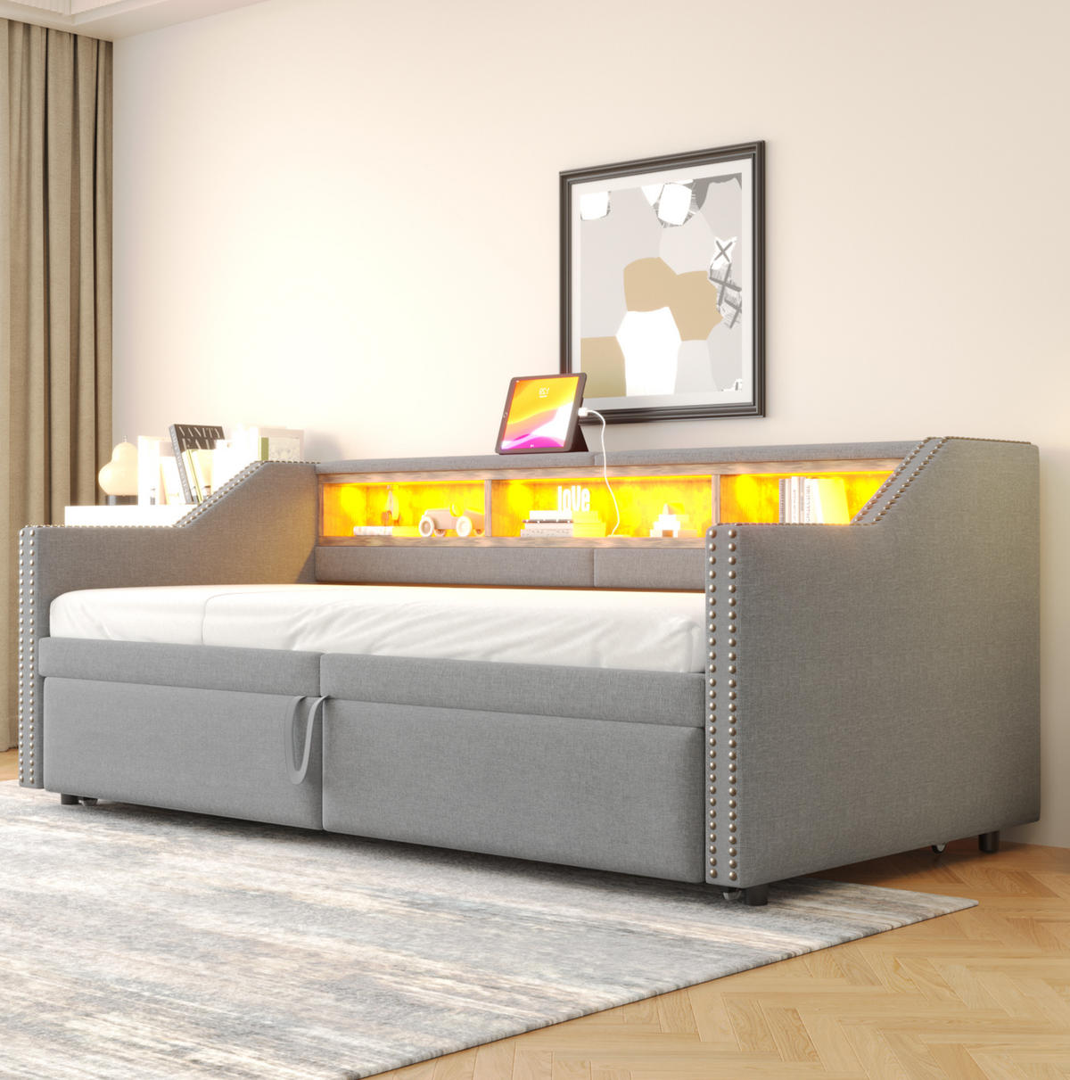 POLSTERBETT aus Leinen 90/180x200 cm Hellgrau mit Ausziehbett, LED, USB-Anschluss und Ablagefächern - Hellgrau, Textil (90/200cm) - Modfu