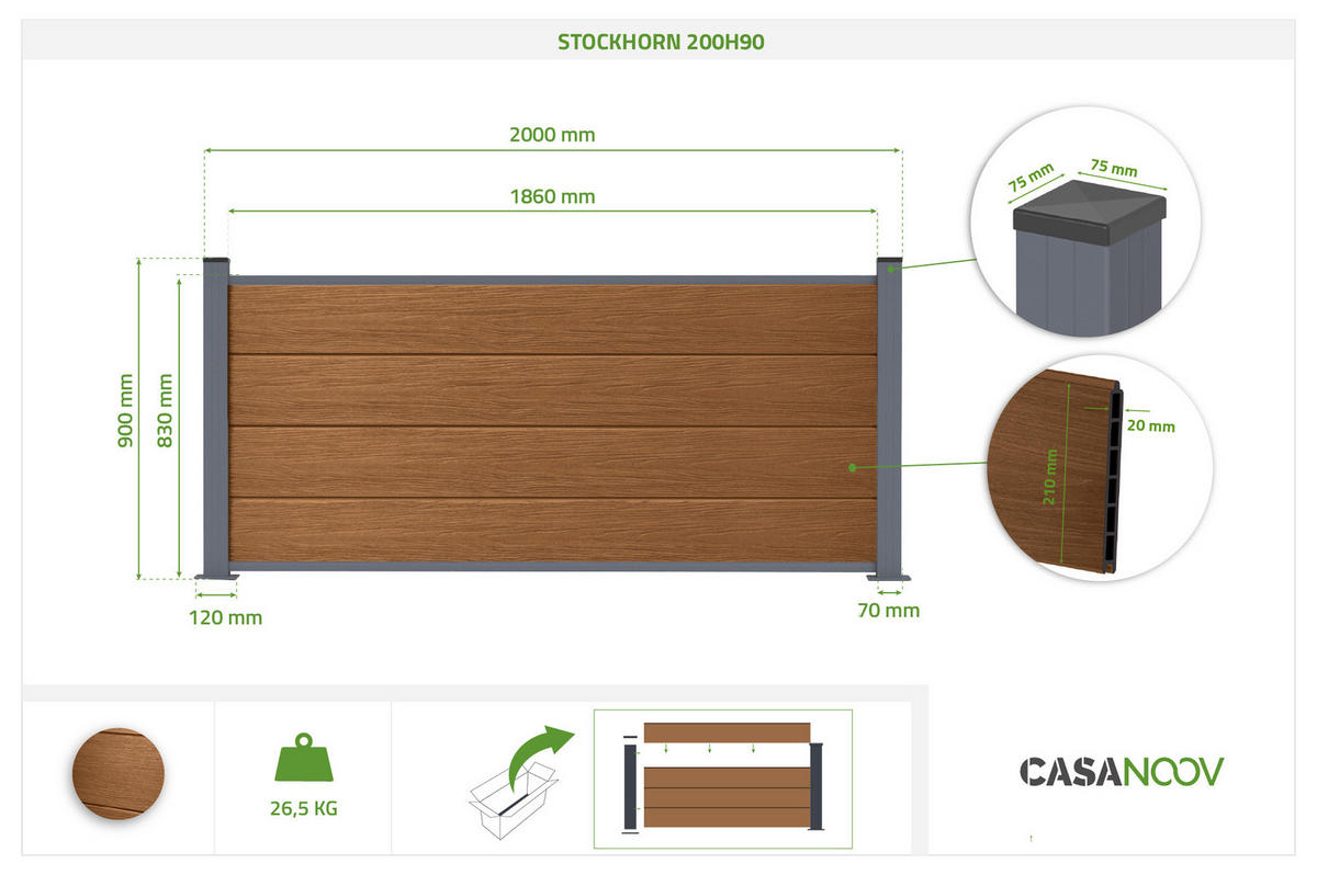 VERBUNDZAUN STOCKHORN 8 m, H. 90 cm, auf Teakholz-Sockel - Braun, Holzwerkstoff (200/90cm) - Casanoov