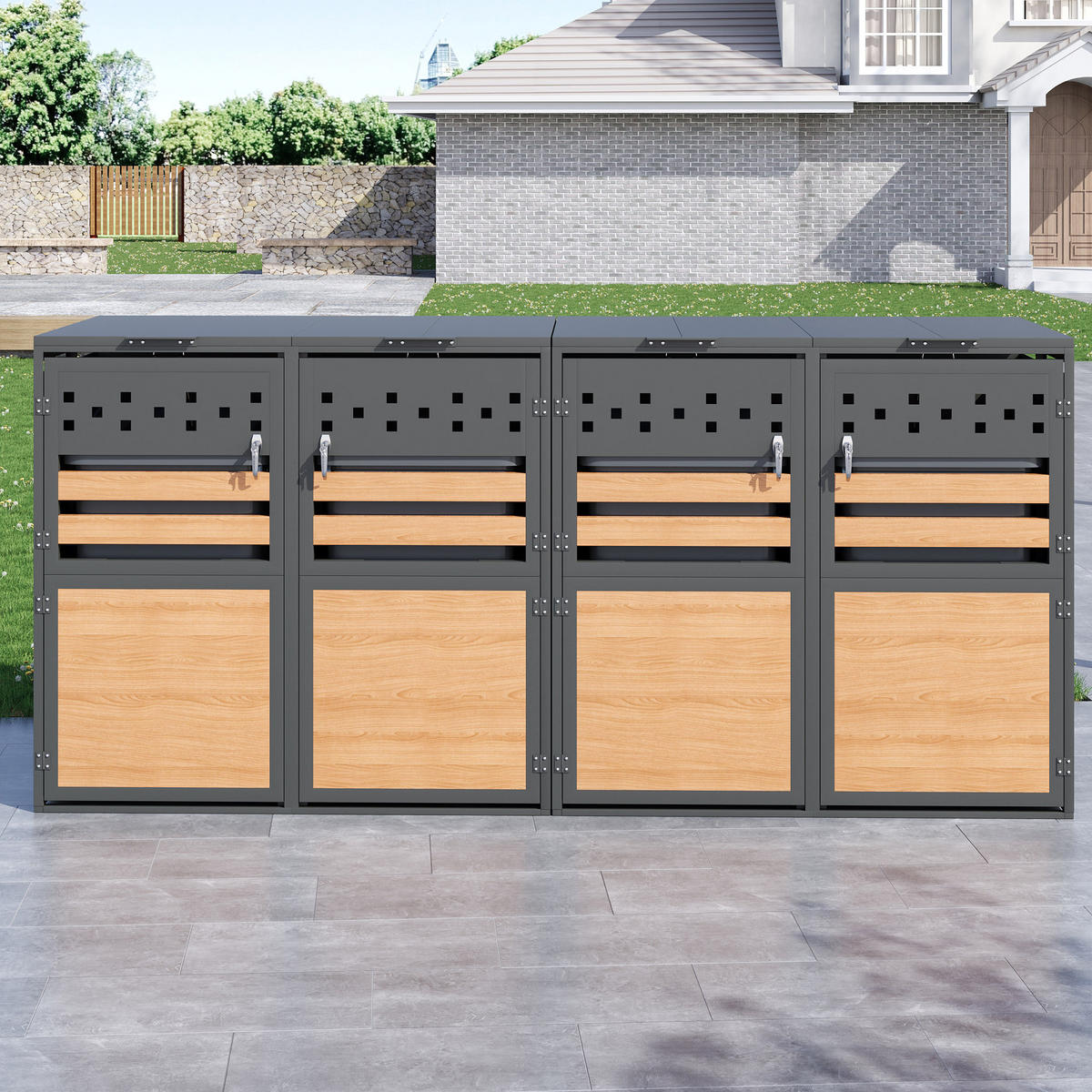 MÜLLTONNENBOX aus Stahl in Grau/Holzoptik mit hydraulischem Klappdeckel - Grau, Metall (264/124.5/80cm) - Modfu