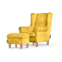 OHRENSESSEL-SET MILES inkl. Sitzhocker, gelb - Eichefarben/Gelb, Holzwerkstoff/Buchenholz (82/105/97cm) - KONSIMO®
