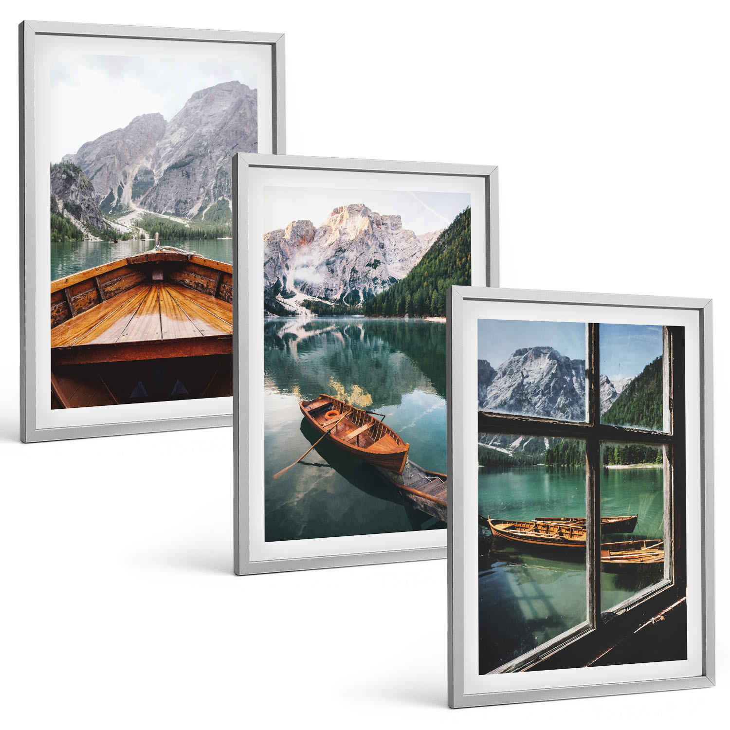 BILDER SET 3er Set - 40x60 cm Silberner Rahmen - Fenster für Boote auf dem Bergsee - Silberfarben, Kunststoff (40/60cm) - TULUP