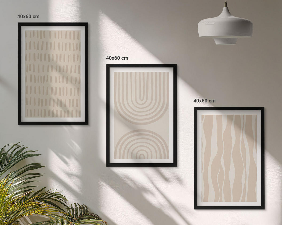 BILDER SET 3er Set - 40x60 cm Schwarzer Rahmen - Abstrakte beige Muster - Schwarz, Kunststoff (40/60cm) - TULUP