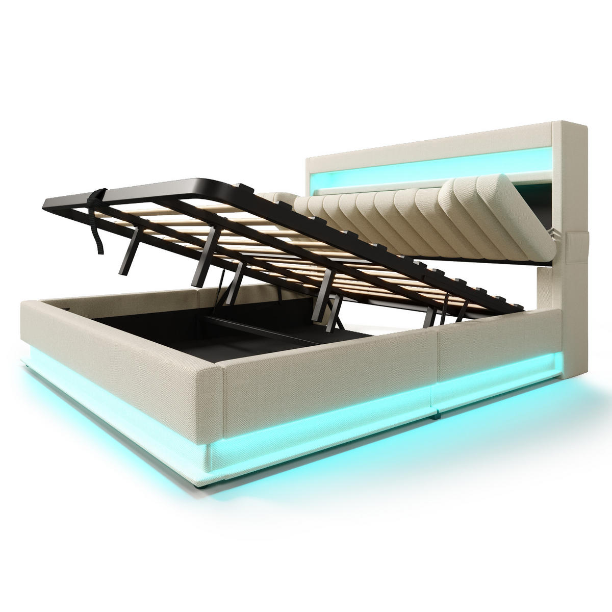 POLSTERBETT 180/200 cm Beige Stauraum-Kopfteil mit USB- und Typ-C-Anschlüssen und LED-Beleuchtung - Beige, Textil (180/200cm) - OKWISH