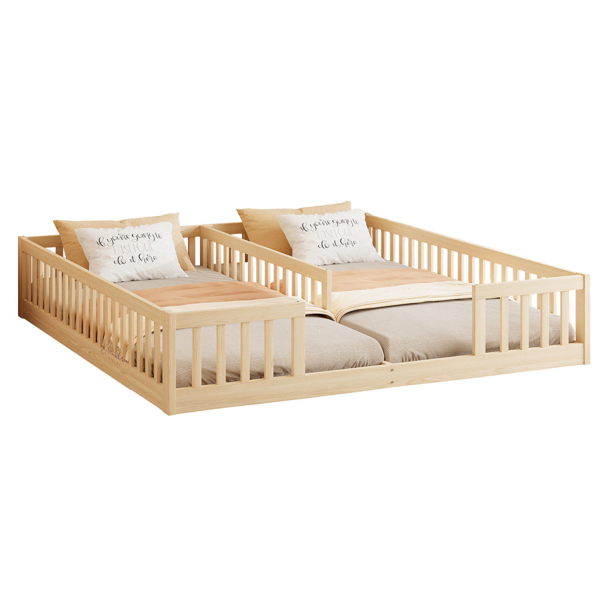 KINDERBETT aus Kiefer und MDF 90x200 cm Natur mit Lattenrost, Sicherheitsgitter und Platz für 2 Kinder - Naturfarben, Holzwerkstoff (90/200cm) - Modfu
