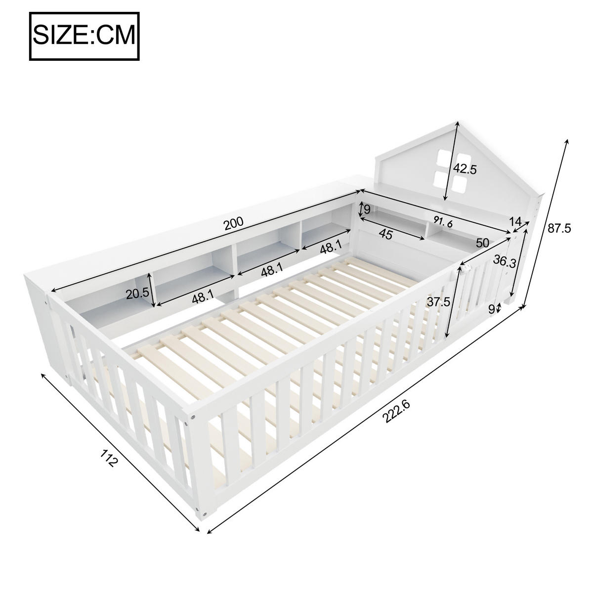 KINDERBETT 90/200 cm Weiß mit Dachleiste und Stauraum - Weiß, Holz (90/200cm) - OKWISH