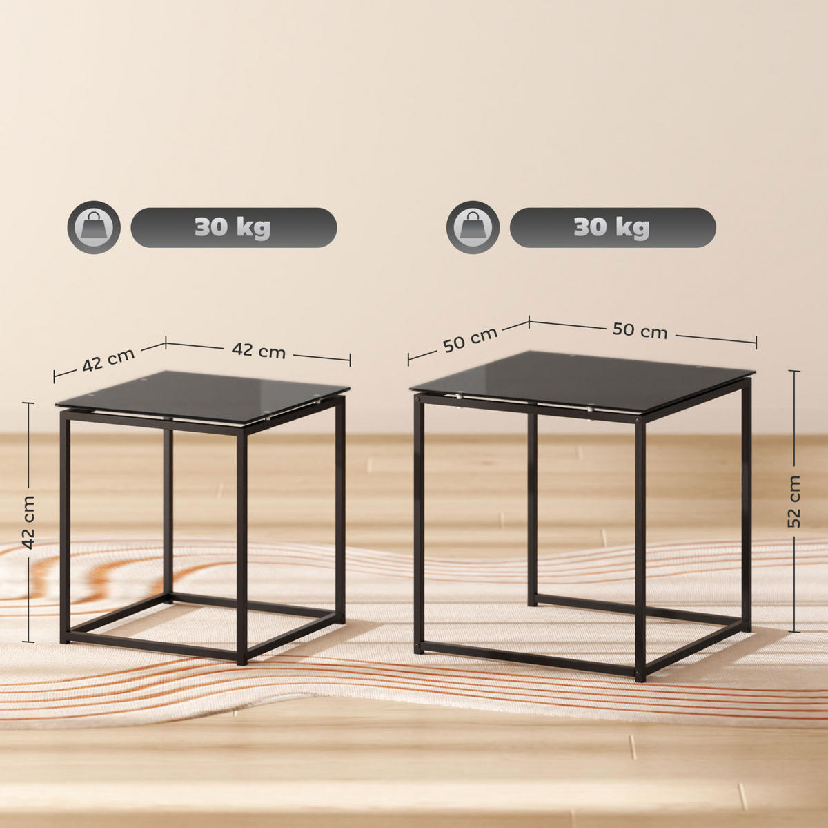 BEISTELLTISCH-2ER-SET 50/50/52 cm und 42/42/42 cm, stapelbar mit Glasplatte und Stahlrahmen, Schwarz - Schwarz, Metall (50/50/52cm) - Redom