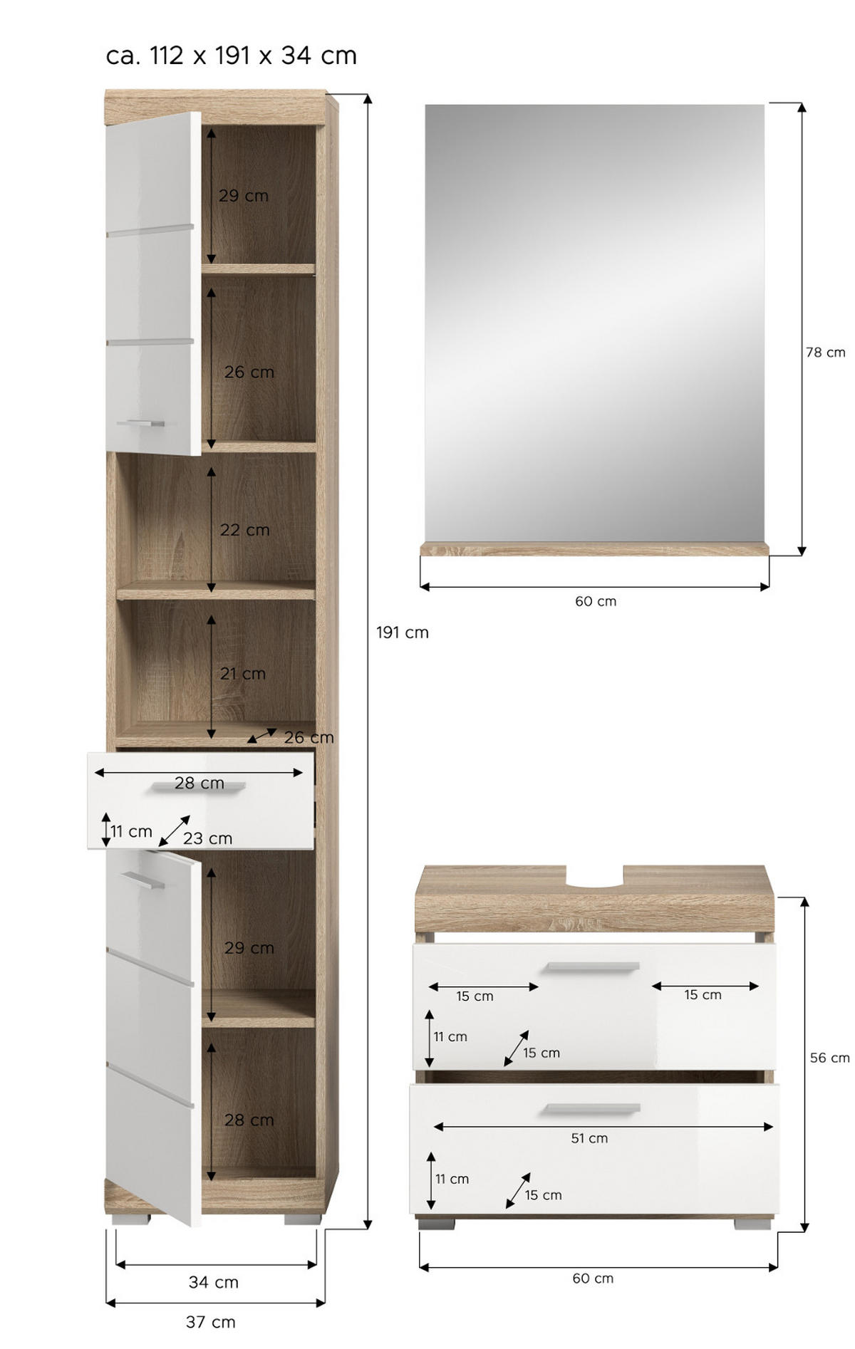 BADMÖBEL-SET weiß Hochglanz, Eiche 3-teilig 112 cm, viel Stauraum - Weiß Hochglanz/Eichefarben, Holzwerkstoff (112/191/37cm) - Inn.Furn