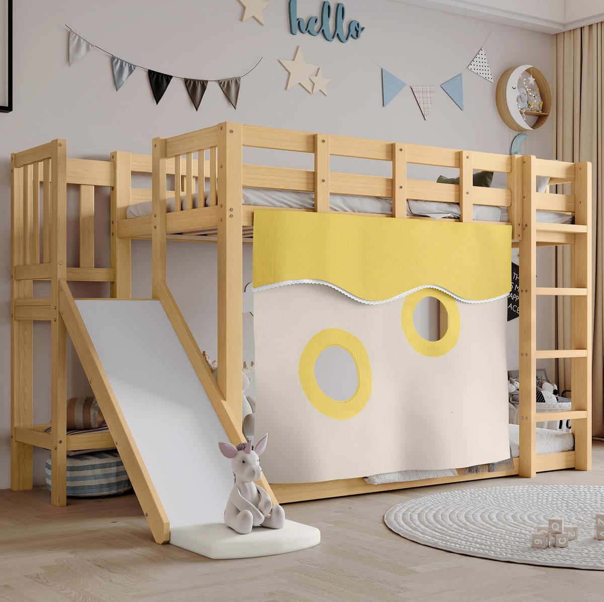ETAGENBETT aus Kiefer und MDF 90x200 cm Natur mit Treppe, Rutsche, Bettvorhang und Fallschutz - Naturfarben, Holzwerkstoff (90/200cm) - Modfu