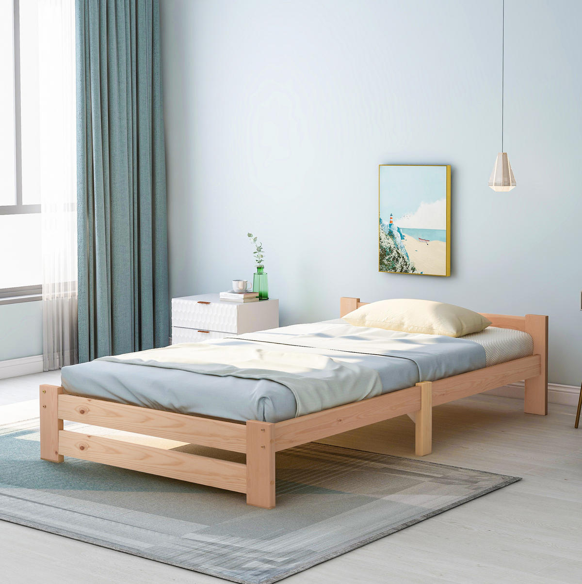 HOLZBETT 90/200 cm aus Kiefer massiv in Natur – mit Kopfteil und inkl. Lattenrost - Naturfarben, Holz (90/200cm) - BEAOK