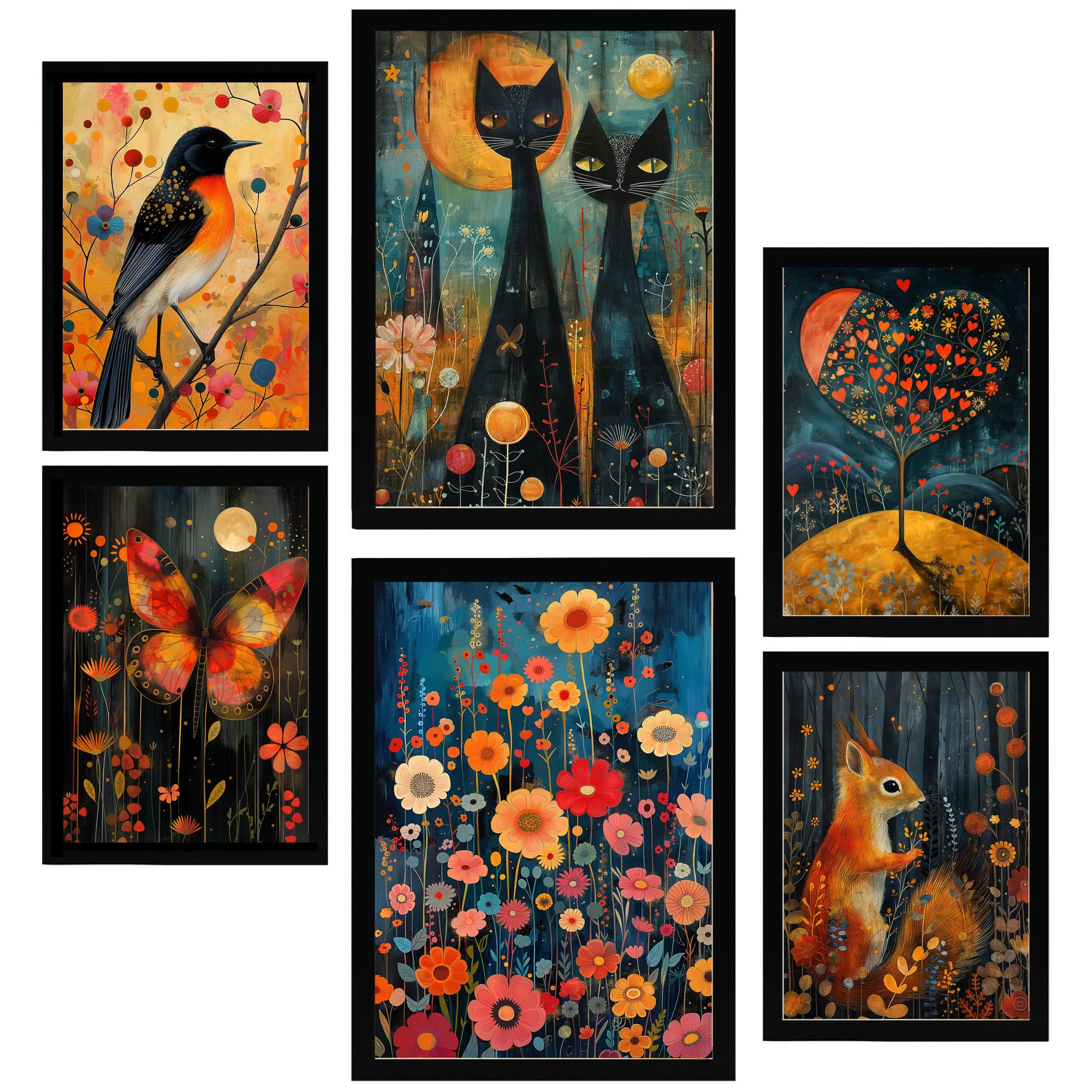 POSTER Set Mit 6 Tiere & Natur Inspiriert Von Rosina Wachtmeister A3 & A4 Schwarzer Rahmen - Schwarz, Papier (29/3cm) - Nacnic