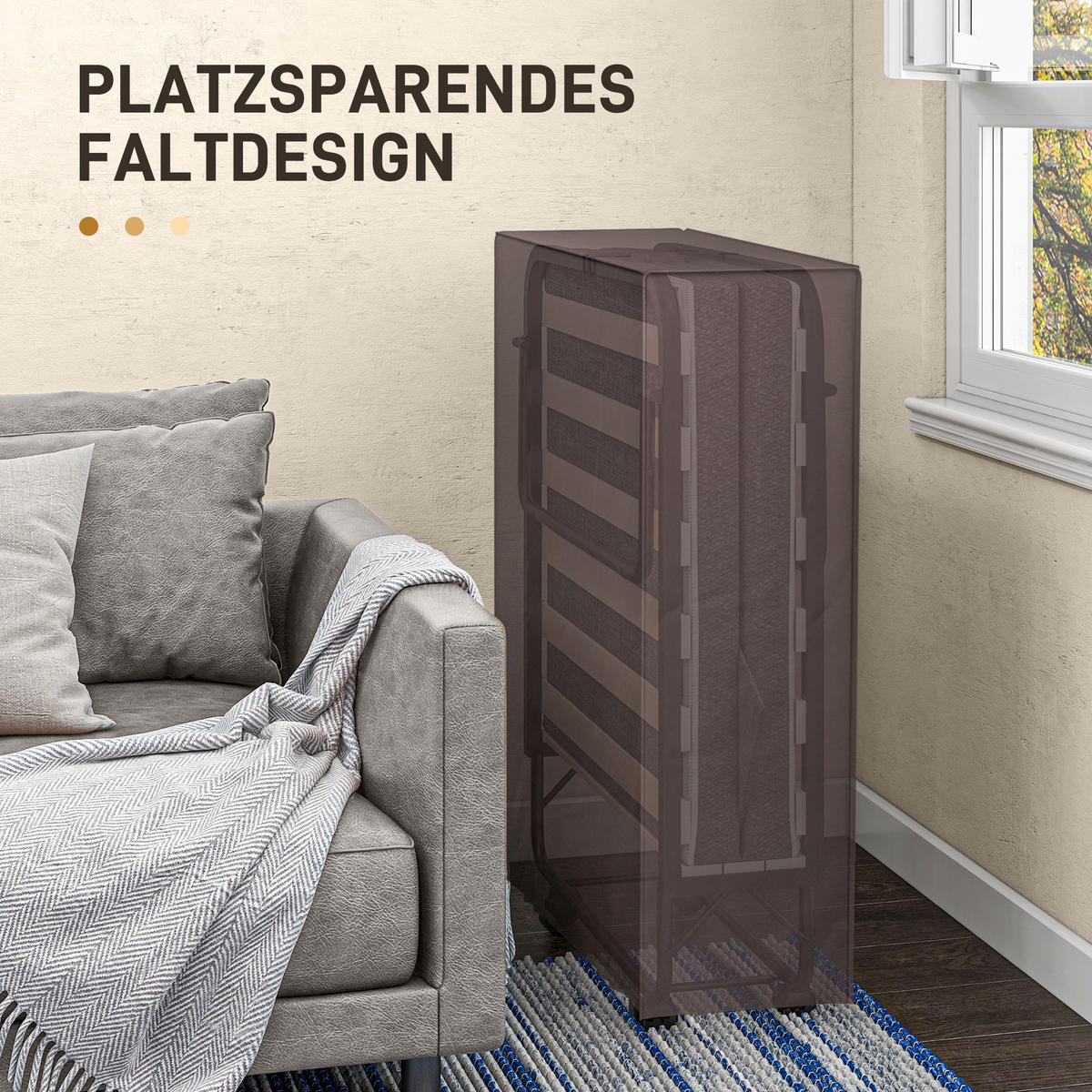 KLAPPBETT Gästebett mit Rollen, 10 cm Matratze, Abdeckung, Seitentasche, Grau - Dunkelgrau, Kunststoff - HOMCOM