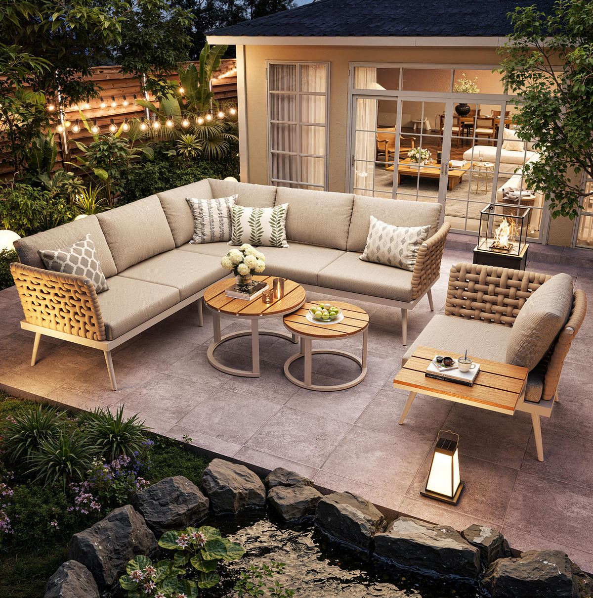 GARTENLOUNGE-SET 200/73/76,5 cm modular mit 2 Couchtischen, handgeflochtenen Armlehnen und Eisengestell, Beige - Beige, Metall - Redom