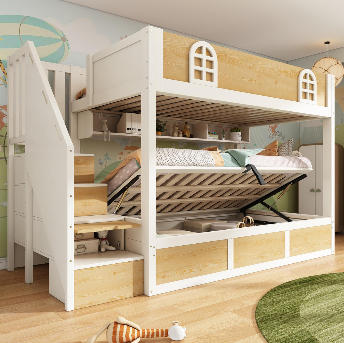 ETAGENBETT 90/200 cm aus Holz und Metall mit Treppenschrank und Stauraum Weiß/Natur - Naturfarben, Holz (90/200cm) - Modenvie