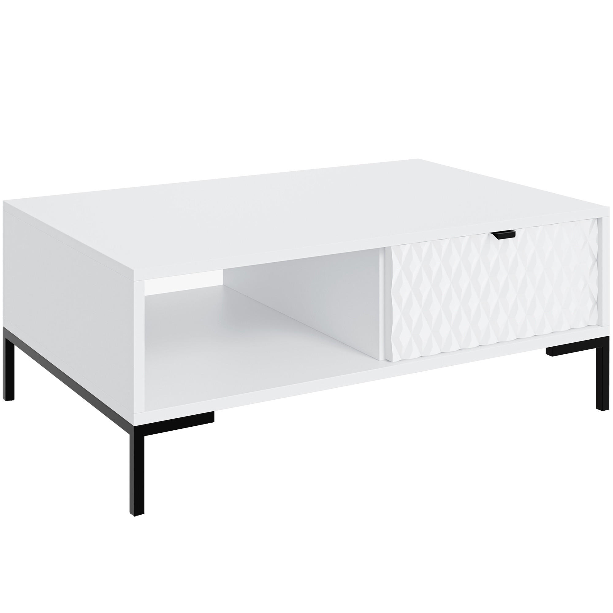 COUCHTISCH Montreal mit Schublade und offenem Fach, dekorative 3D-Fronten, 100x60 cm, Weiß - Schwarz/Weiß, Holzwerkstoff/Metall (47/100/60cm) - Beautysofa