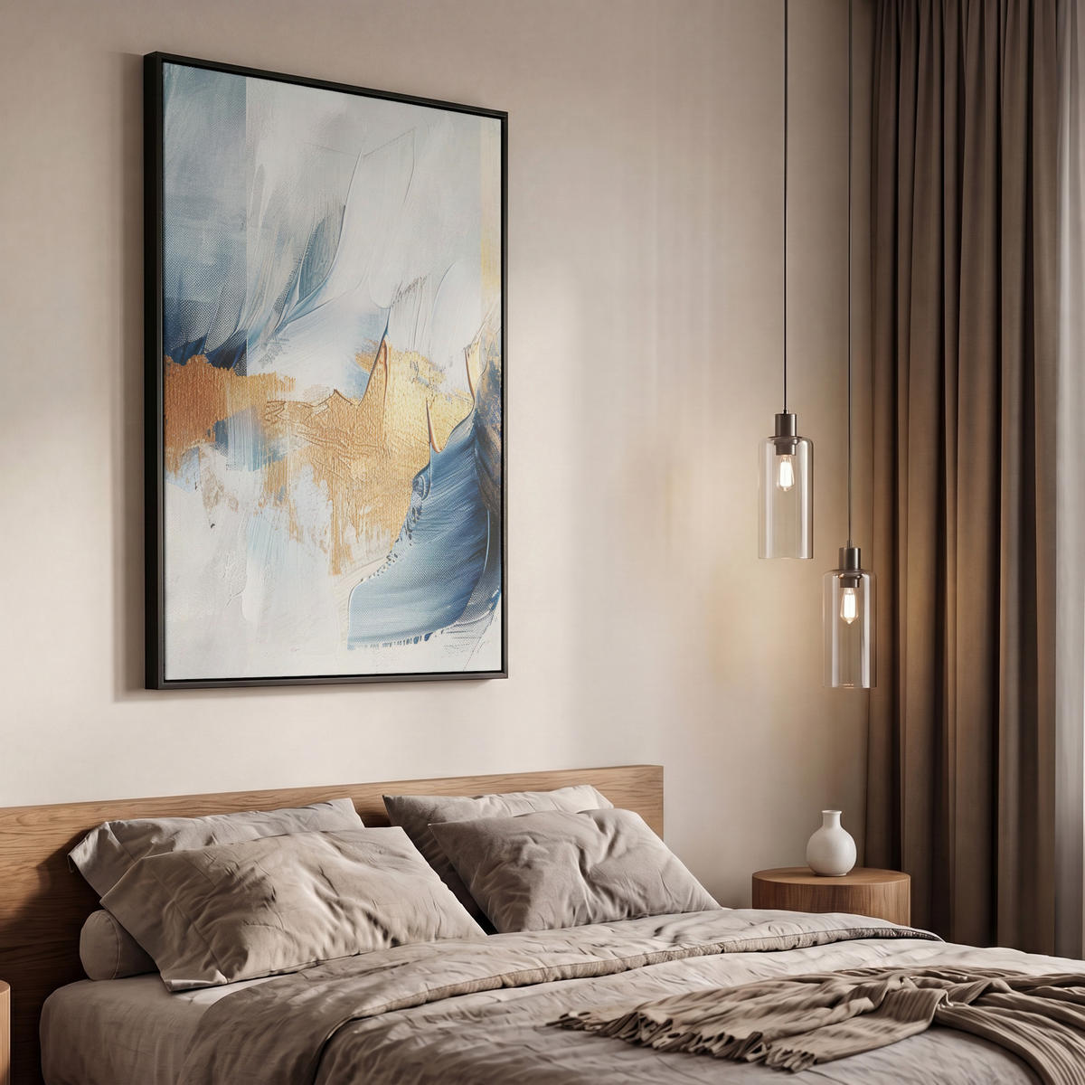 LEINWAND Bilder mit Rahmen - Gold - Blau - Aquarell - Kunst - Modern - 60x90 - Hellblau, Textil (60/90cm) - MuchoWow