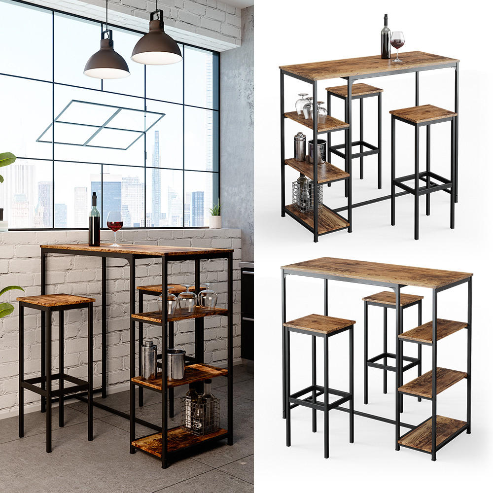 BARTISCH-SET Fyrk Antikholz 120 x 50 cm mit Regalen und 2 Barhockern - Eichefarben/Schwarz, Holzwerkstoff (120/105/50cm) - Vicco