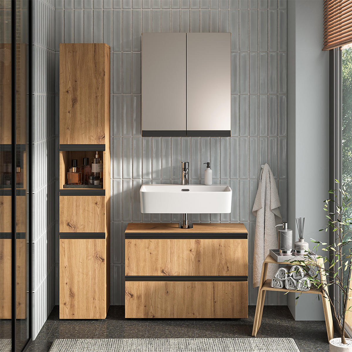 BADMÖBEL-SET Torren Artisan 3 Teile, mit Hochschrank - Hellgrau, Holzwerkstoff (80/58/35cm) - Vicco