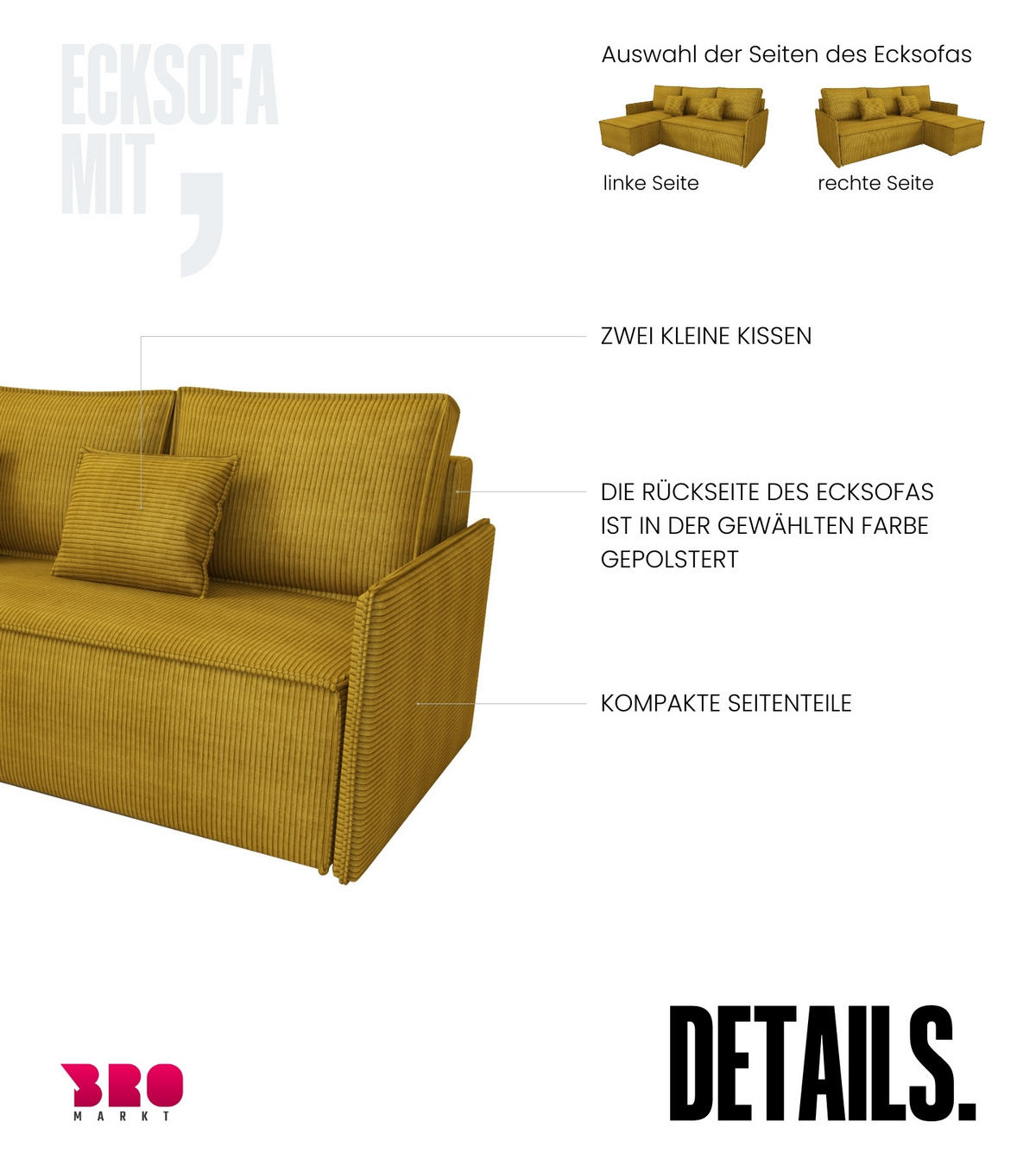 ECKSOFA Atlantic mit Schlaffunktion Gelb Cord - Gelb, Textil (238/141cm) - Bromarkt