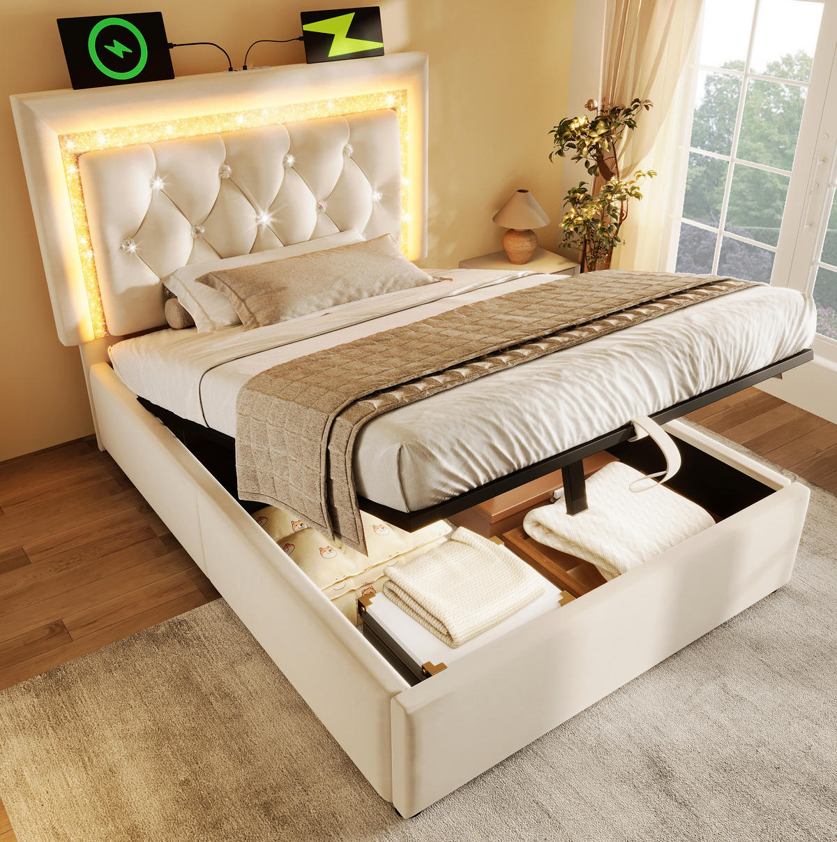 POLSTERBETT 90/200 cm Beige aus Samt mit LED und Stauraum - Beige, Textil (90/200cm) - OKMYHOME
