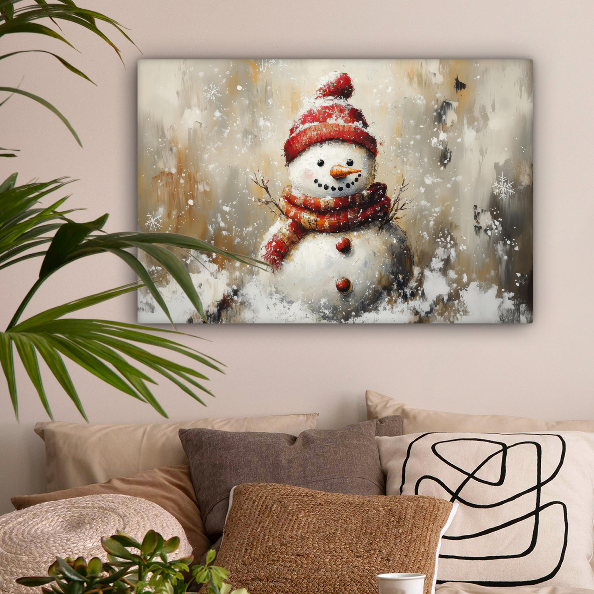 LEINWANDBILD Schneemann - Winter - Schnee - Beige Wanddeko 90x60 cm - Weiß, Textil (90/60cm) - MuchoWow