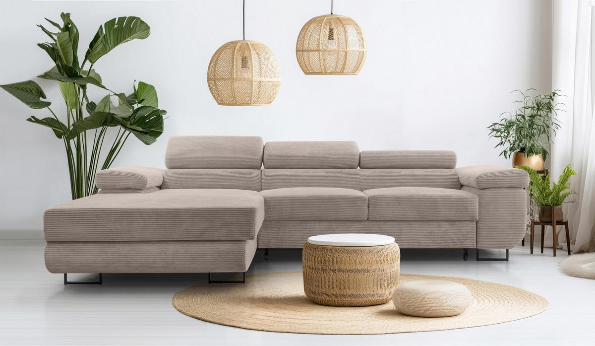 ECKSOFA L Form Arborio Beige 280/203/90 cm Links mit Schlaffunktion - Beige/Schwarz, Textil/Metall (203/280cm) - AX Living