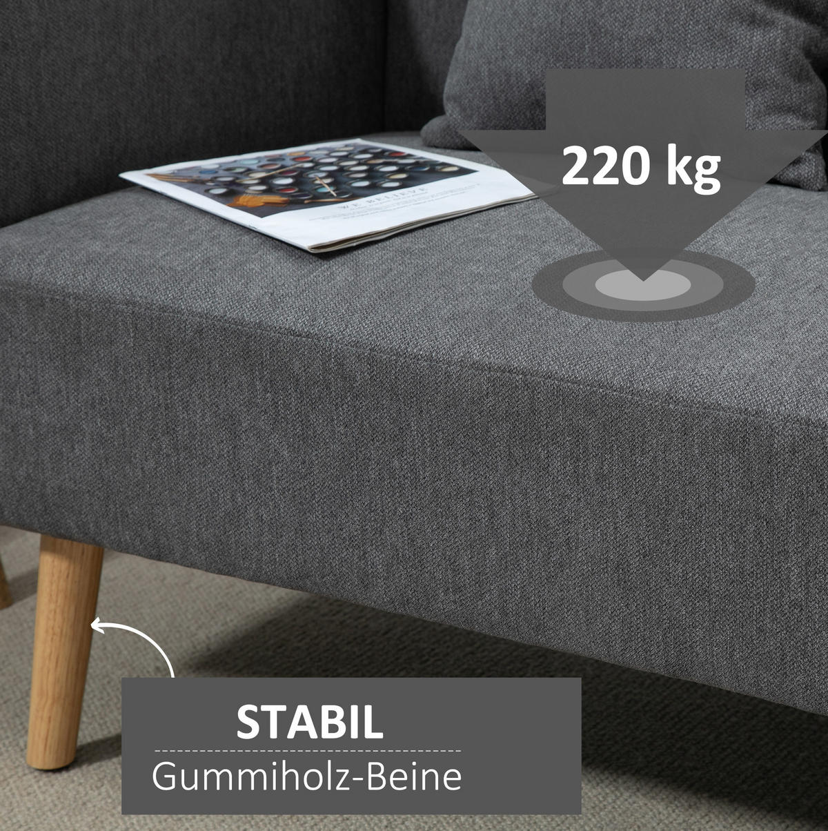 SOFA 2-Sitzer mit 2 Kissen 130 cm Grau - Grau, Holzwerkstoff (130/80/70cm) - Meubliv